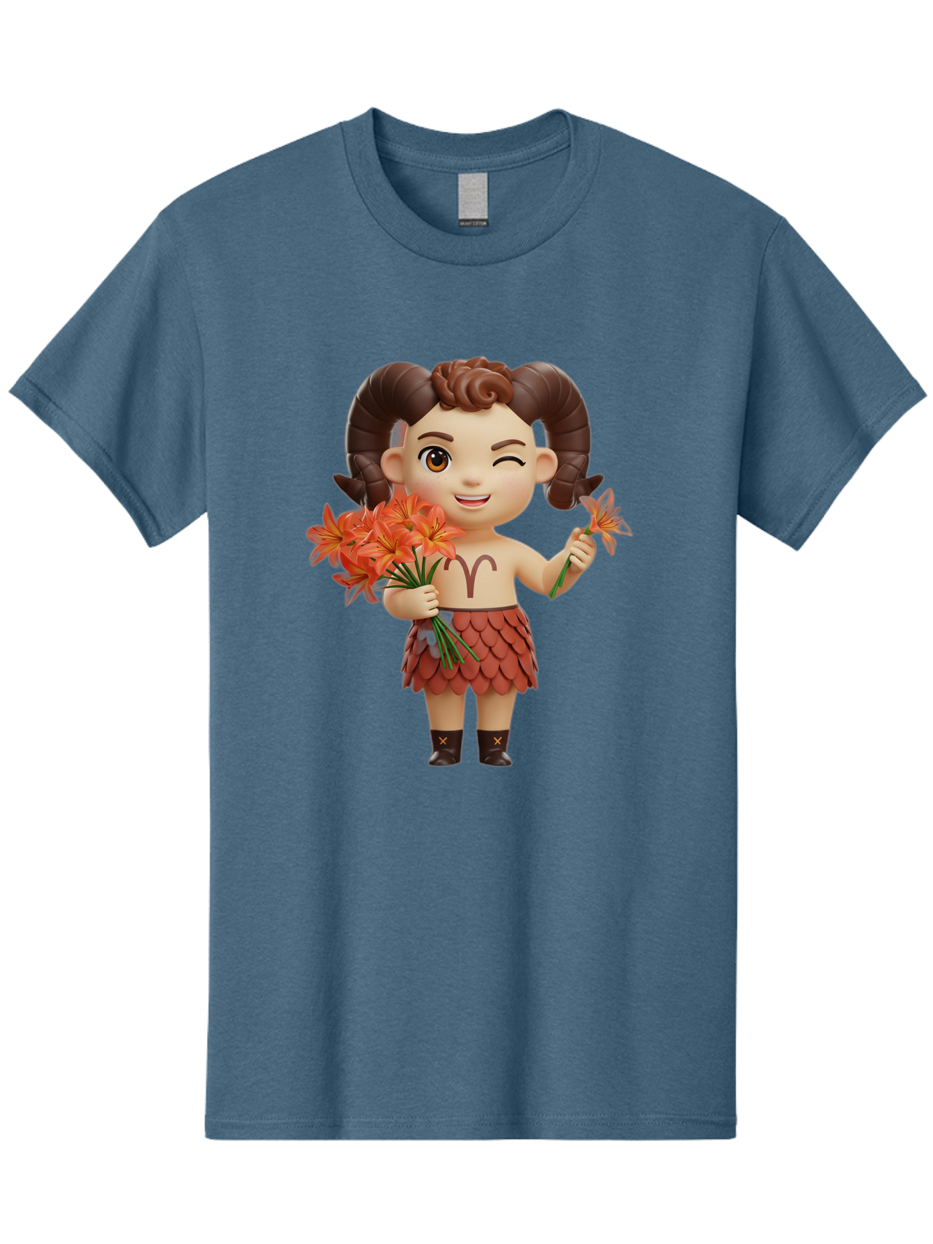 Aries-Zodiac-Character Men'S Graphic Tee, 100% Cotton, Comfortable Casual Summer Wear, Machine Washable, Cartoon Aries Zodiac Sign, Ram Horns, Astrology Symbol, Orange Flowers, Floral Arrangement, Zodiac Character Design, Fantasy Creature, Bae118