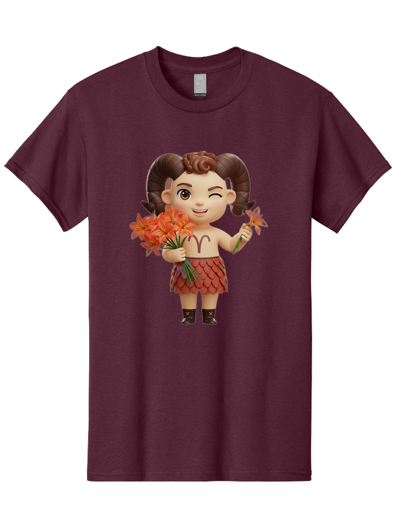 Aries-Zodiac-Character Men'S Graphic Tee, 100% Cotton, Comfortable Casual Summer Wear, Machine Washable, Cartoon Aries Zodiac Sign, Ram Horns, Astrology Symbol, Orange Flowers, Floral Arrangement, Zodiac Character Design, Fantasy Creature, Bae118