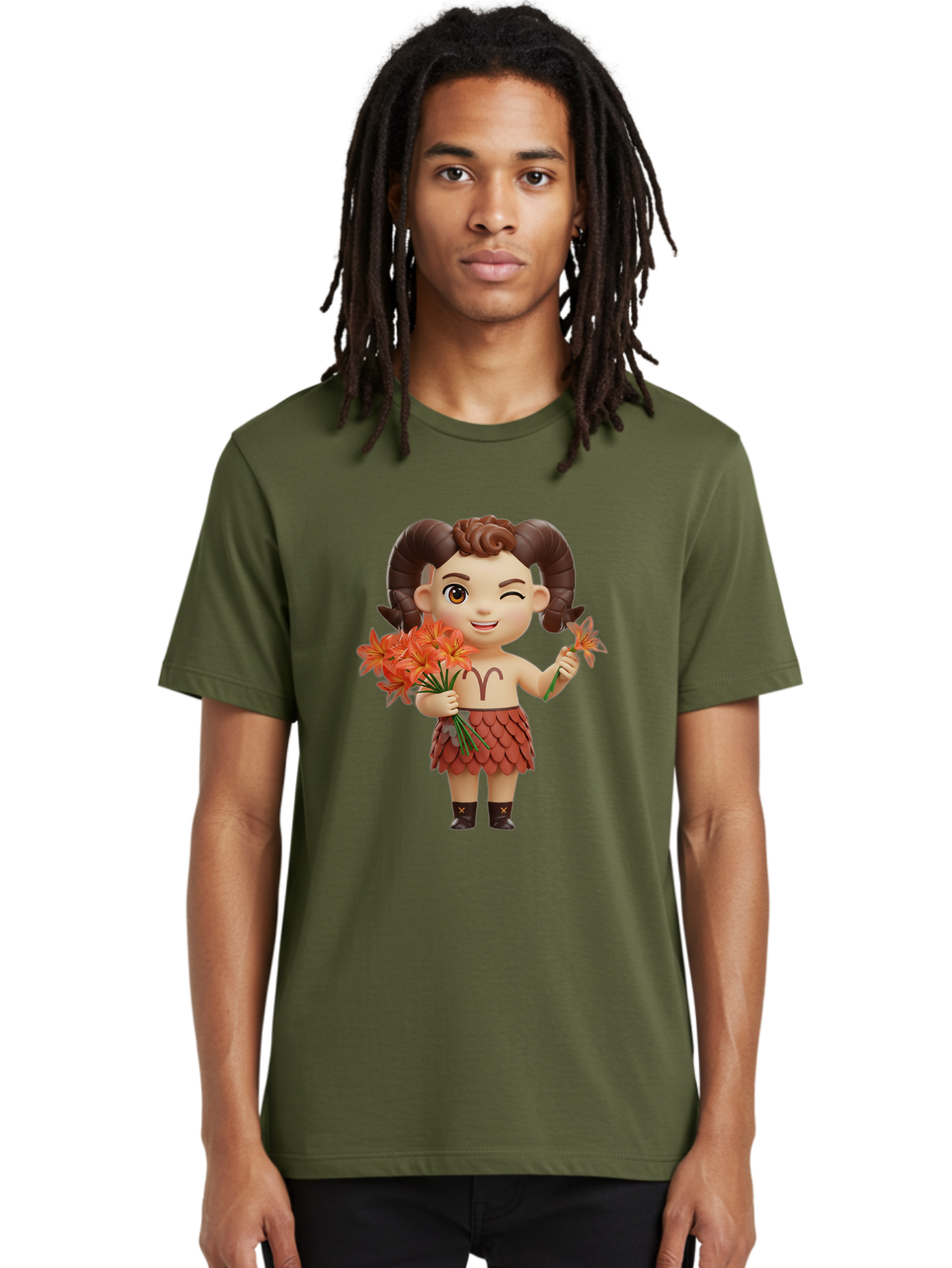 Aries-Zodiac-Character Men'S Graphic Tee, 100% Cotton, Comfortable Casual Summer Wear, Machine Washable, Cartoon Aries Zodiac Sign, Ram Horns, Astrology Symbol, Orange Flowers, Floral Arrangement, Zodiac Character Design, Fantasy Creature, Bae118