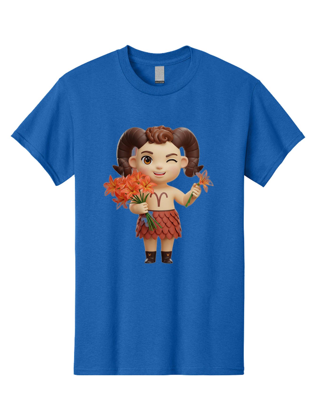 Aries-Zodiac-Character Men'S Graphic Tee, 100% Cotton, Comfortable Casual Summer Wear, Machine Washable, Cartoon Aries Zodiac Sign, Ram Horns, Astrology Symbol, Orange Flowers, Floral Arrangement, Zodiac Character Design, Fantasy Creature, Bae118