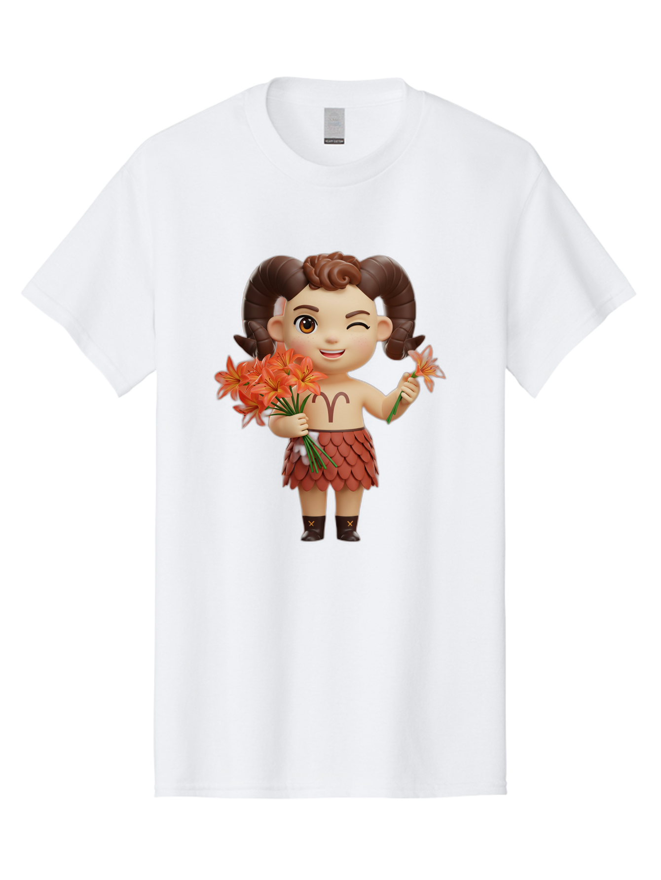 Aries-Zodiac-Character Men'S Graphic Tee, 100% Cotton, Comfortable Casual Summer Wear, Machine Washable, Cartoon Aries Zodiac Sign, Ram Horns, Astrology Symbol, Orange Flowers, Floral Arrangement, Zodiac Character Design, Fantasy Creature, Bae118