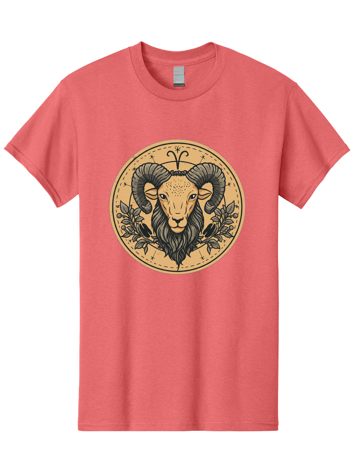 Aries-Zodiac-Sign-1 Men'S Graphic Tee, 100% Cotton, Comfortable Casual Summer Wear, Machine Washable, Aries Zodiac Sign, Ram Symbol, Astrological Illustration, Black And Beige Design, Floral Elements, Stars And Constellations, Bae119