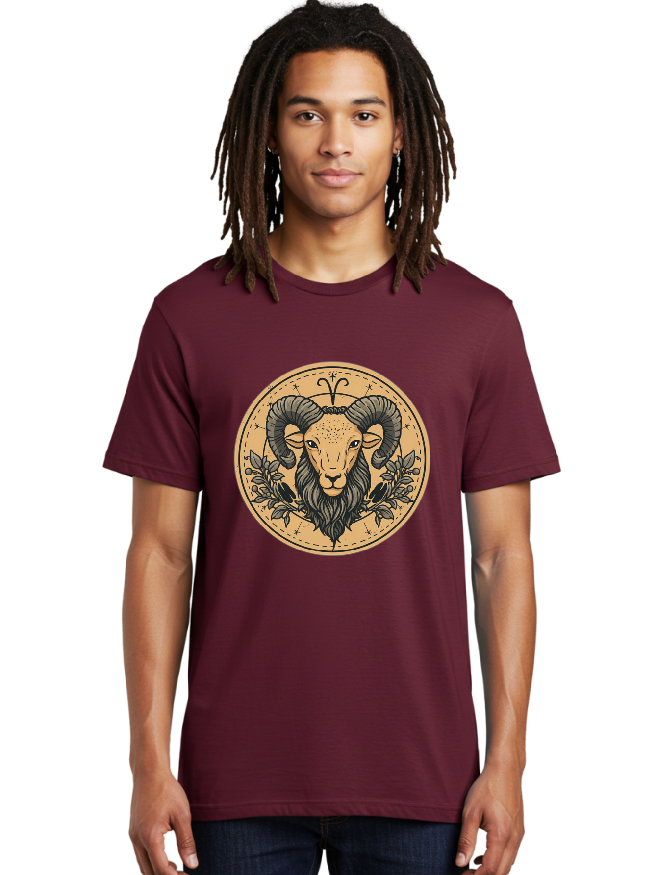 Aries-Zodiac-Sign-1 Men'S Graphic Tee, 100% Cotton, Comfortable Casual Summer Wear, Machine Washable, Aries Zodiac Sign, Ram Symbol, Astrological Illustration, Black And Beige Design, Floral Elements, Stars And Constellations, Bae119