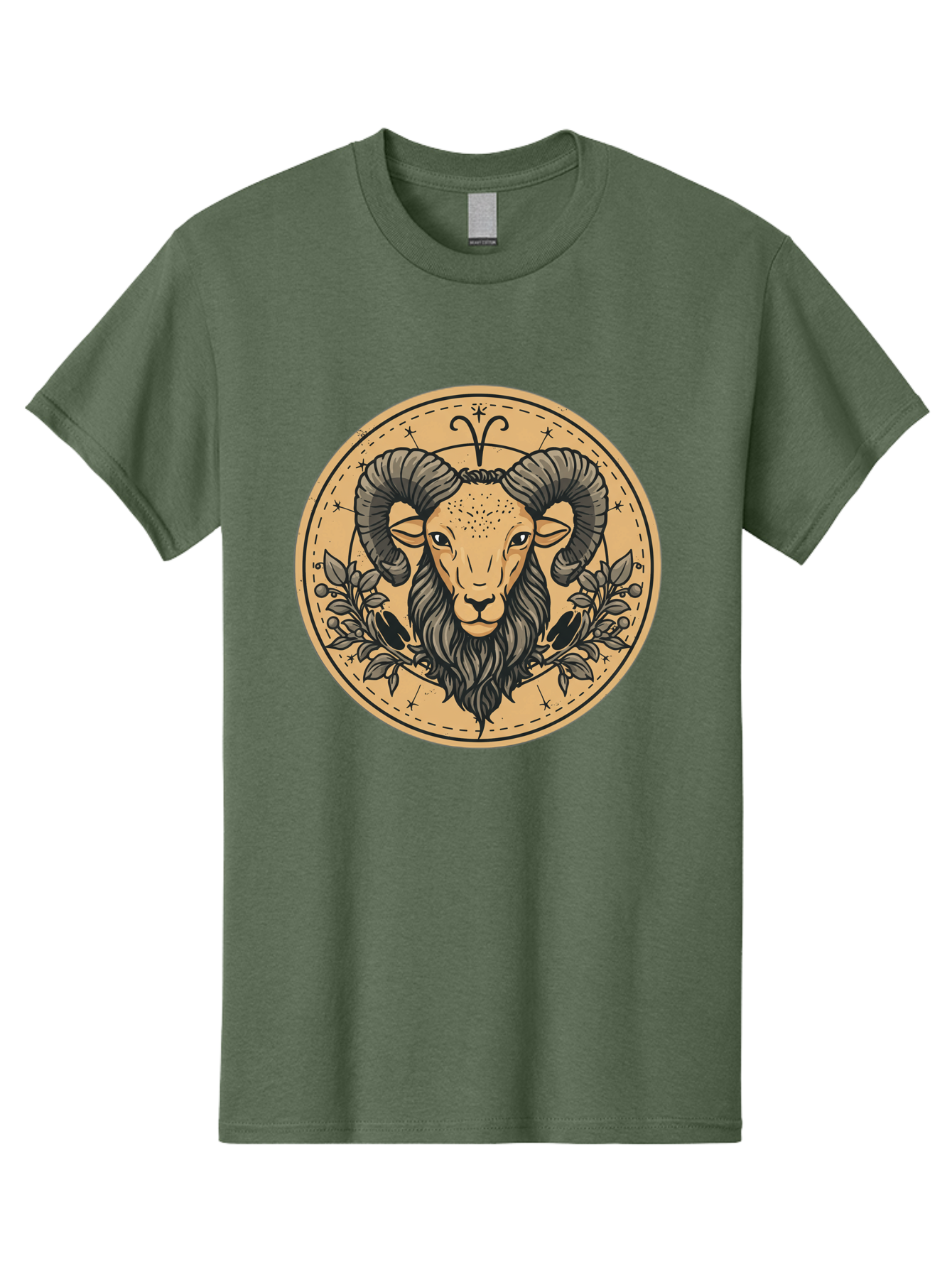 Aries-Zodiac-Sign-1 Men'S Graphic Tee, 100% Cotton, Comfortable Casual Summer Wear, Machine Washable, Aries Zodiac Sign, Ram Symbol, Astrological Illustration, Black And Beige Design, Floral Elements, Stars And Constellations, Bae119