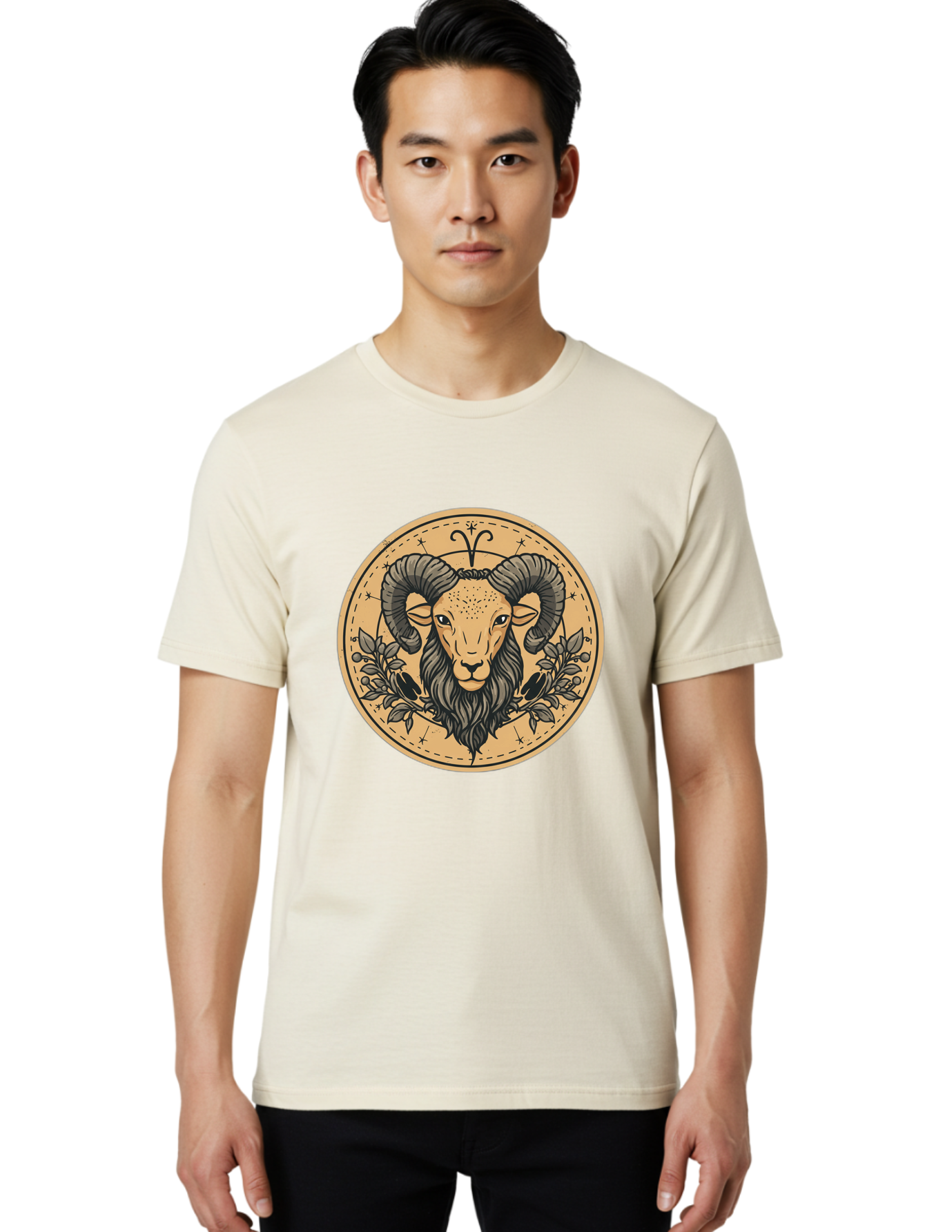 Aries-Zodiac-Sign-1 Men'S Graphic Tee, 100% Cotton, Comfortable Casual Summer Wear, Machine Washable, Aries Zodiac Sign, Ram Symbol, Astrological Illustration, Black And Beige Design, Floral Elements, Stars And Constellations, Bae119