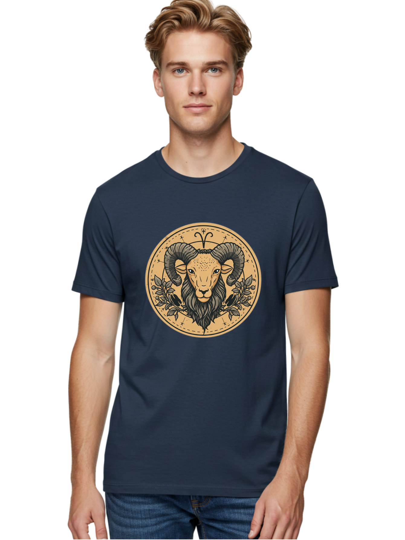 Aries-Zodiac-Sign-1 Men'S Graphic Tee, 100% Cotton, Comfortable Casual Summer Wear, Machine Washable, Aries Zodiac Sign, Ram Symbol, Astrological Illustration, Black And Beige Design, Floral Elements, Stars And Constellations, Bae119
