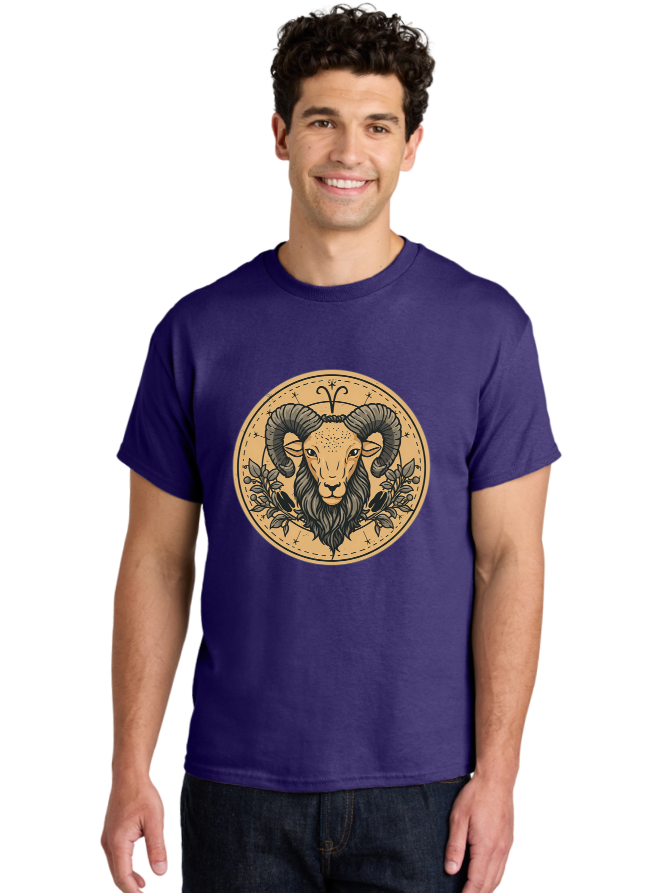 Aries-Zodiac-Sign-1 Men'S Graphic Tee, 100% Cotton, Comfortable Casual Summer Wear, Machine Washable, Aries Zodiac Sign, Ram Symbol, Astrological Illustration, Black And Beige Design, Floral Elements, Stars And Constellations, Bae119