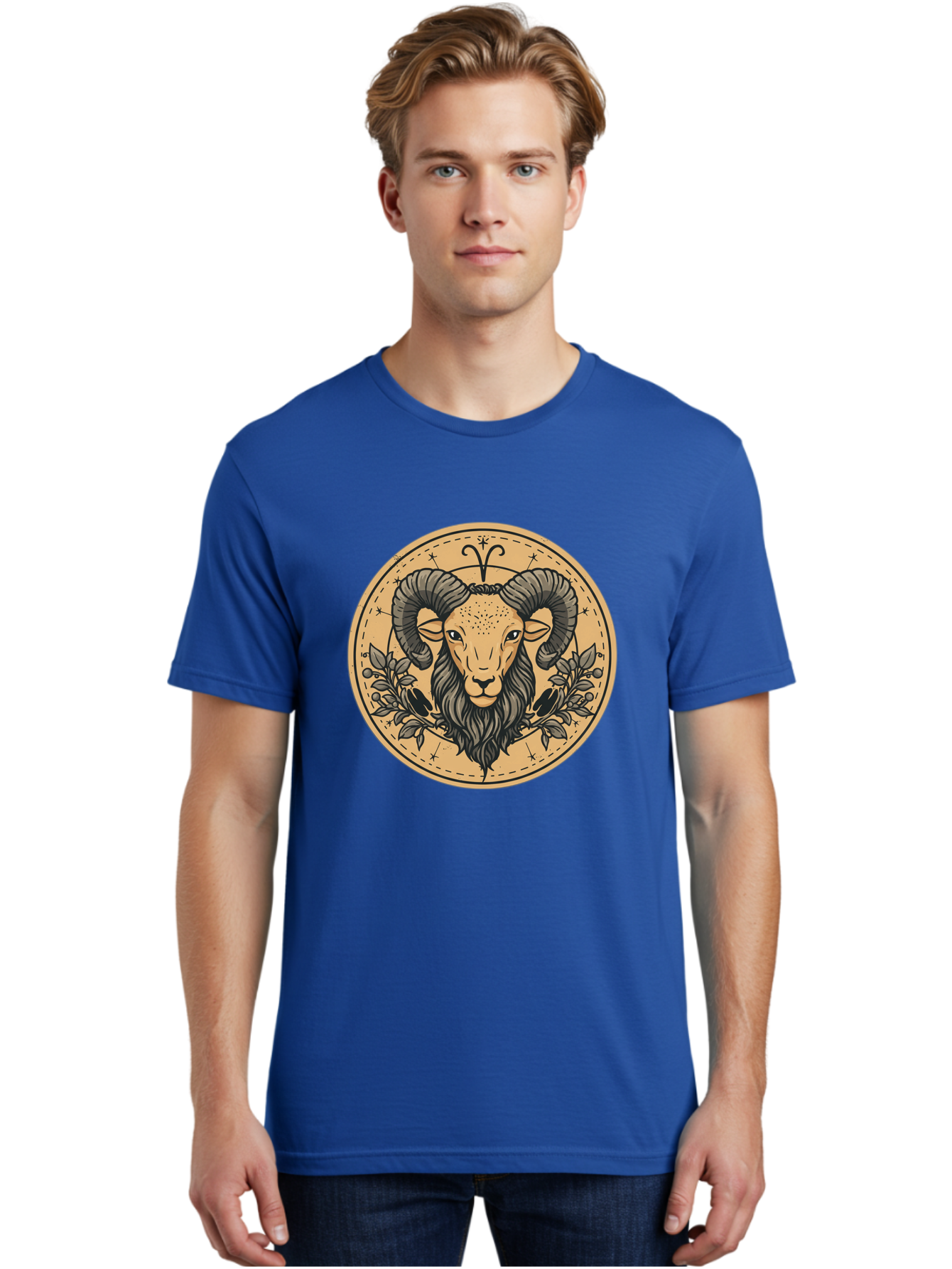 Aries-Zodiac-Sign-1 Men'S Graphic Tee, 100% Cotton, Comfortable Casual Summer Wear, Machine Washable, Aries Zodiac Sign, Ram Symbol, Astrological Illustration, Black And Beige Design, Floral Elements, Stars And Constellations, Bae119