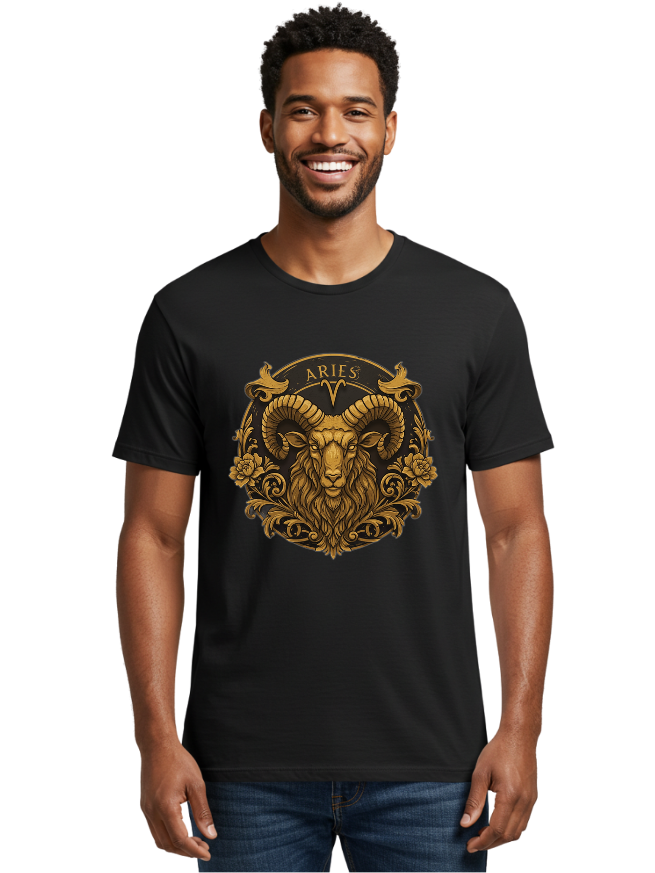 Aries-Zodiac-Sign Men'S Graphic Tee, 100% Cotton, Comfortable Casual Summer Wear, Machine Washable, Golden Ram Head, Aries Symbol, Zodiac Sign, Horoscope, Astrology, Mystical, Mystical Creatures, Gold Ornamentation, Floral Patterns, Bae120