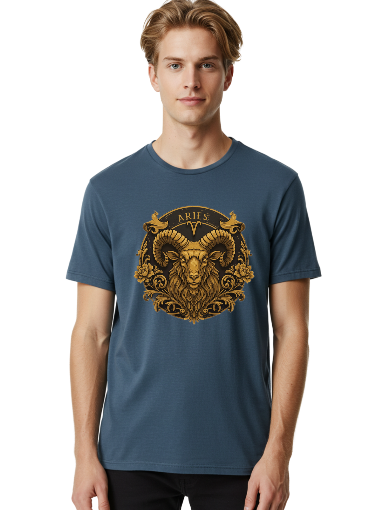 Aries-Zodiac-Sign Men'S Graphic Tee, 100% Cotton, Comfortable Casual Summer Wear, Machine Washable, Golden Ram Head, Aries Symbol, Zodiac Sign, Horoscope, Astrology, Mystical, Mystical Creatures, Gold Ornamentation, Floral Patterns, Bae120