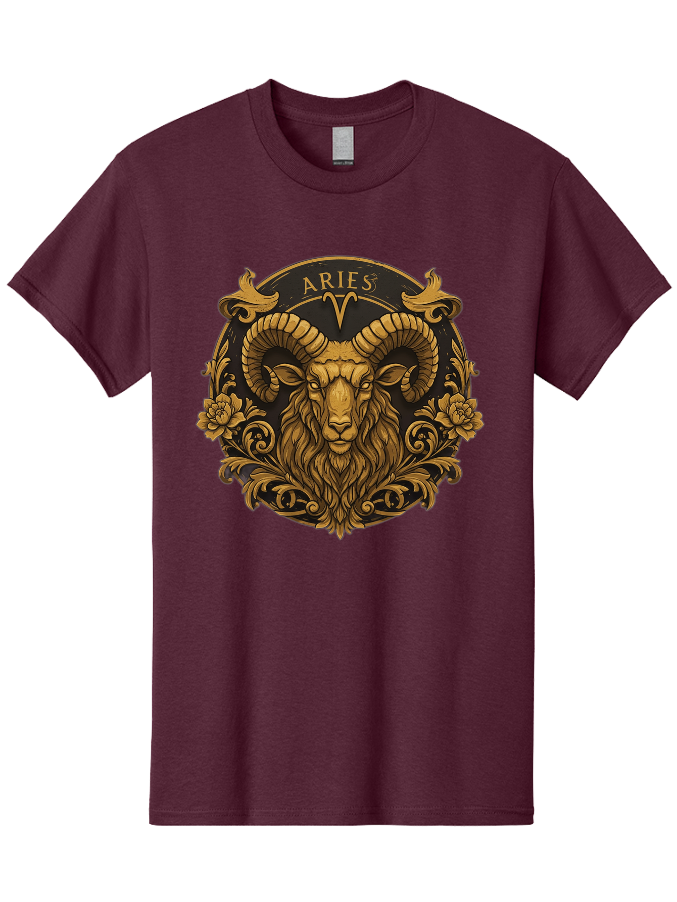 Aries-Zodiac-Sign Men'S Graphic Tee, 100% Cotton, Comfortable Casual Summer Wear, Machine Washable, Golden Ram Head, Aries Symbol, Zodiac Sign, Horoscope, Astrology, Mystical, Mystical Creatures, Gold Ornamentation, Floral Patterns, Bae120