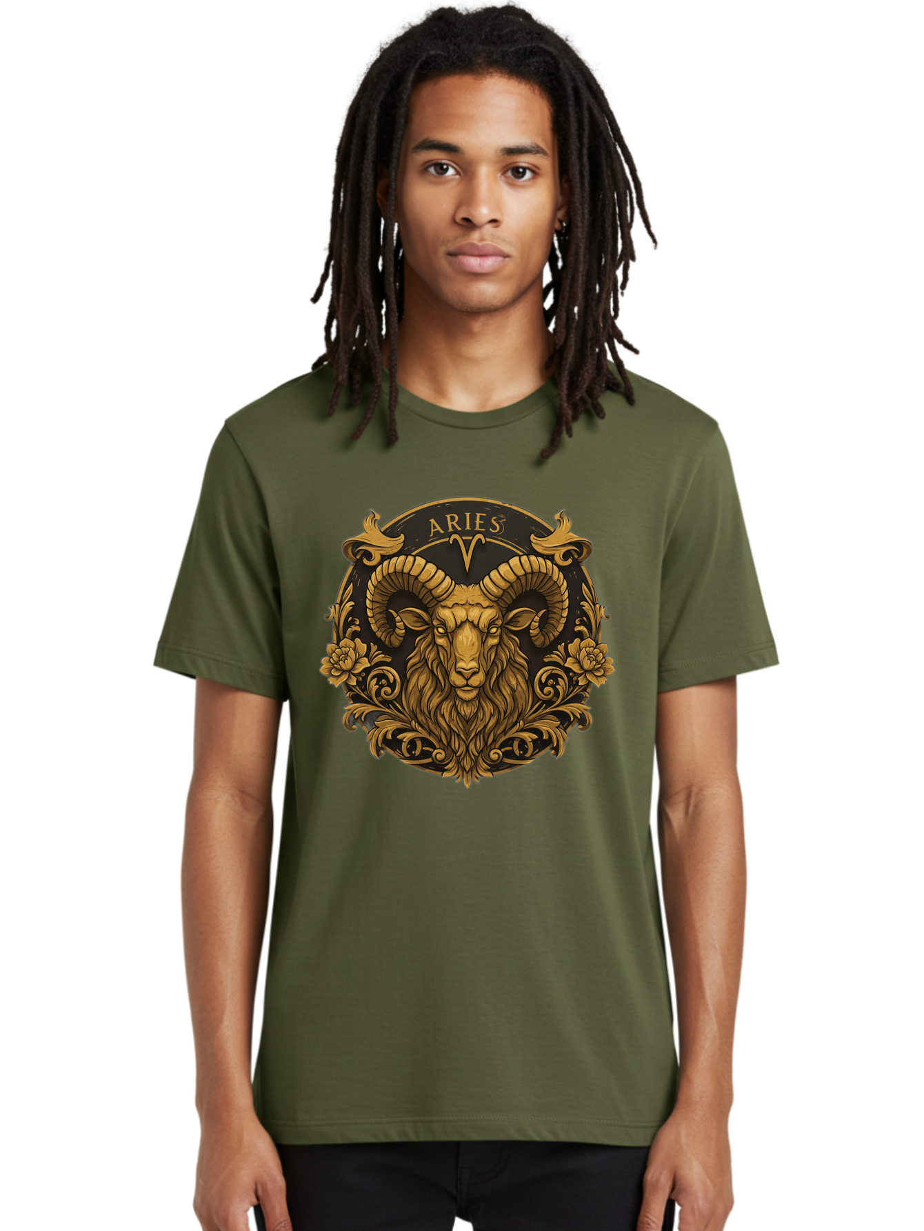 Aries-Zodiac-Sign Men'S Graphic Tee, 100% Cotton, Comfortable Casual Summer Wear, Machine Washable, Golden Ram Head, Aries Symbol, Zodiac Sign, Horoscope, Astrology, Mystical, Mystical Creatures, Gold Ornamentation, Floral Patterns, Bae120