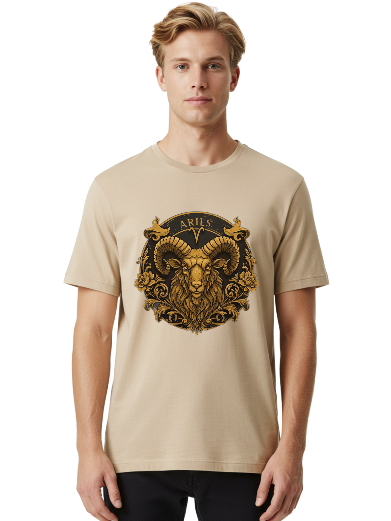 Aries-Zodiac-Sign Men'S Graphic Tee, 100% Cotton, Comfortable Casual Summer Wear, Machine Washable, Golden Ram Head, Aries Symbol, Zodiac Sign, Horoscope, Astrology, Mystical, Mystical Creatures, Gold Ornamentation, Floral Patterns, Bae120