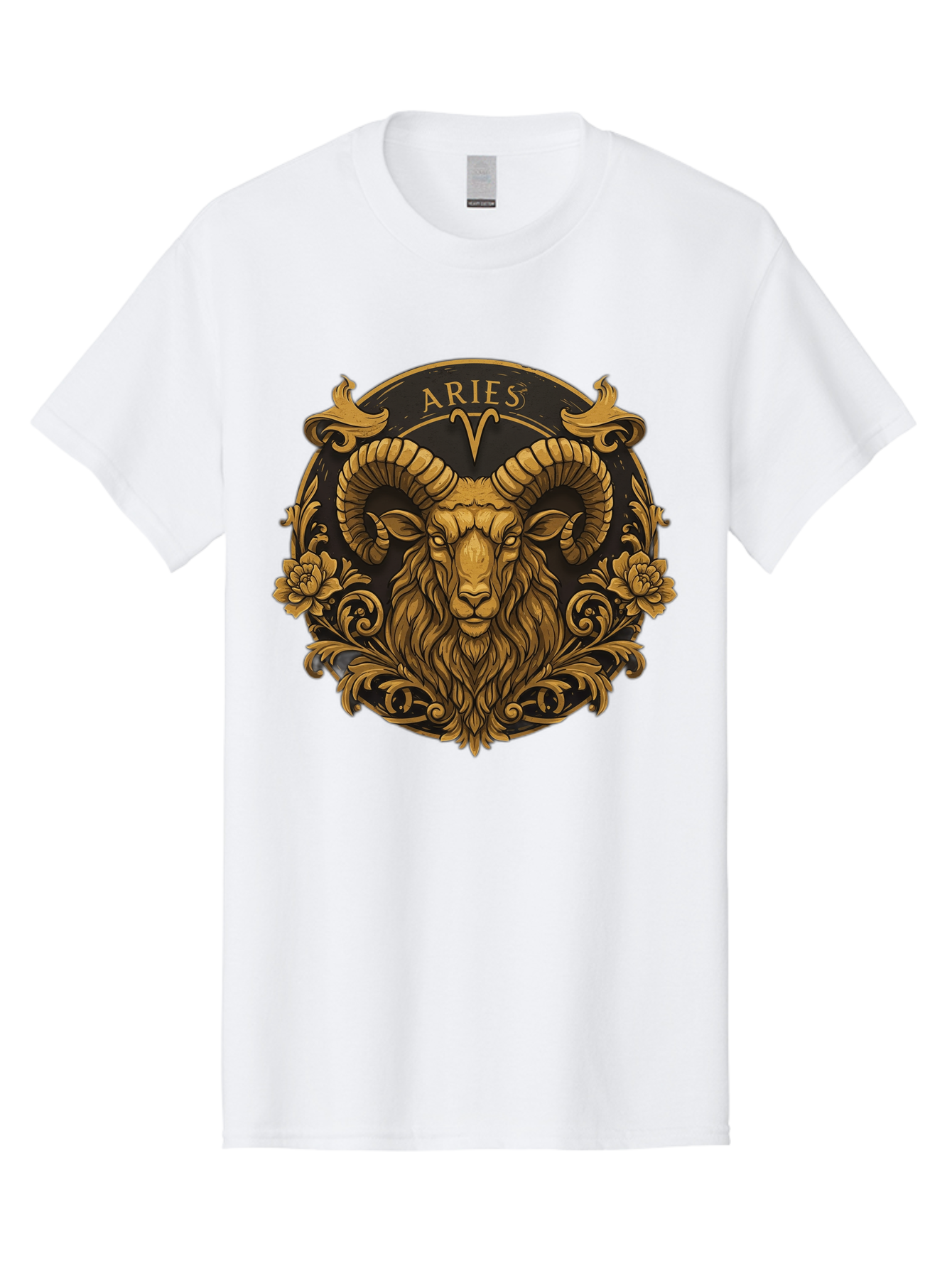 Aries-Zodiac-Sign Men'S Graphic Tee, 100% Cotton, Comfortable Casual Summer Wear, Machine Washable, Golden Ram Head, Aries Symbol, Zodiac Sign, Horoscope, Astrology, Mystical, Mystical Creatures, Gold Ornamentation, Floral Patterns, Bae120