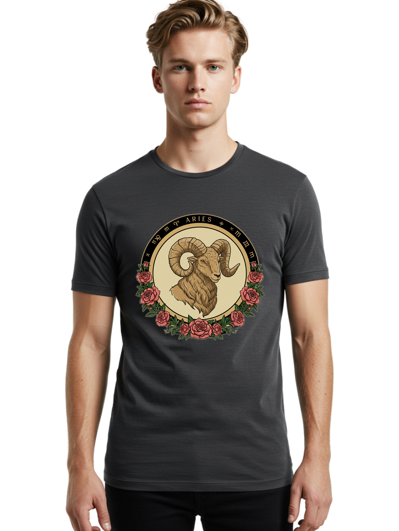 Aries Men'S Graphic Tee, 100% Cotton, Comfortable Casual Summer Wear, Machine Washable, Ram Illustration, Aries Zodiac Sign, Astrology Symbol, Roses, Floral Design, Horoscope, Mystical, Esoteric Art, Zodiac Wheel, Astrological Sign Bae121