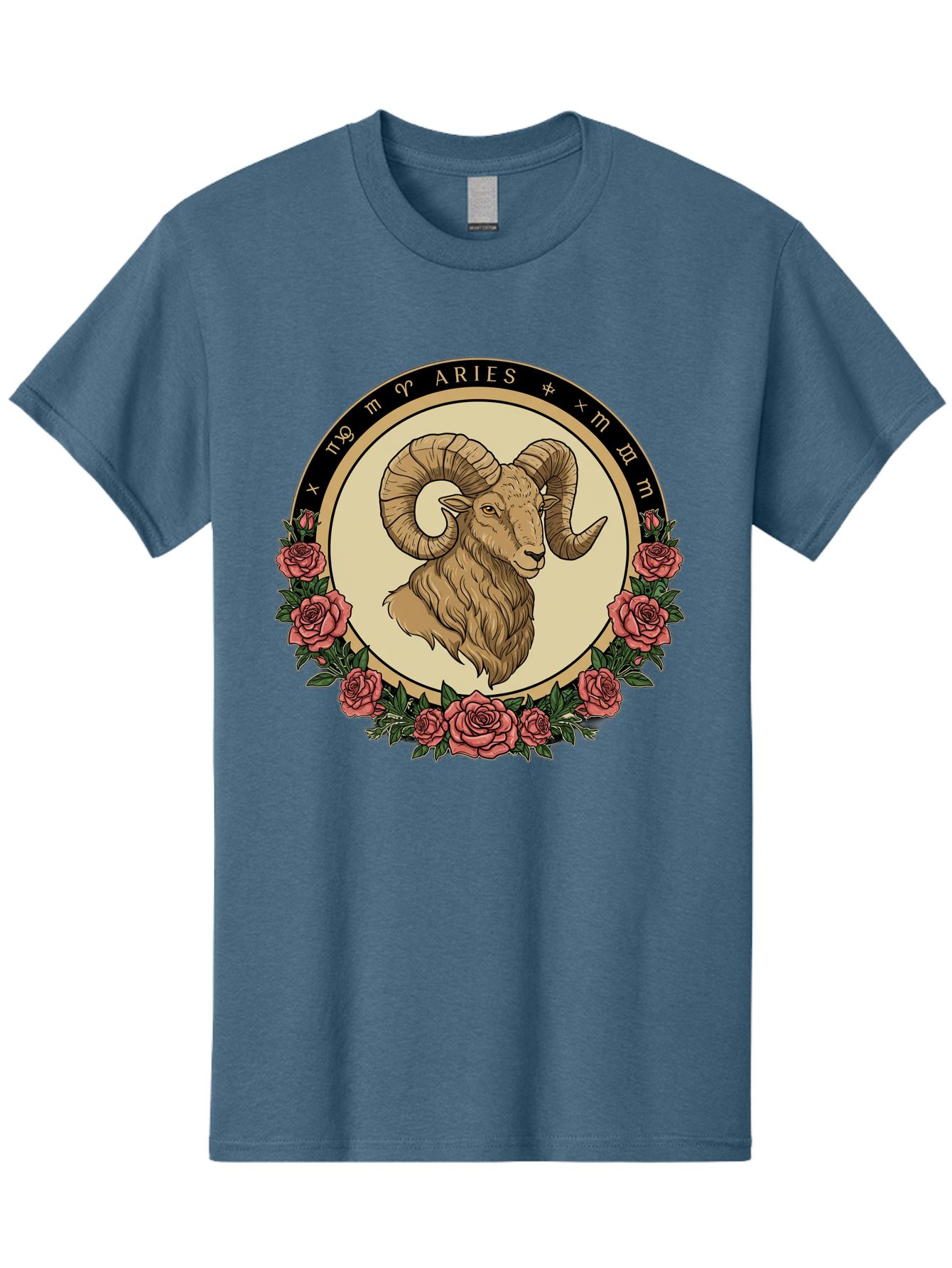 Aries Men'S Graphic Tee, 100% Cotton, Comfortable Casual Summer Wear, Machine Washable, Ram Illustration, Aries Zodiac Sign, Astrology Symbol, Roses, Floral Design, Horoscope, Mystical, Esoteric Art, Zodiac Wheel, Astrological Sign Bae121