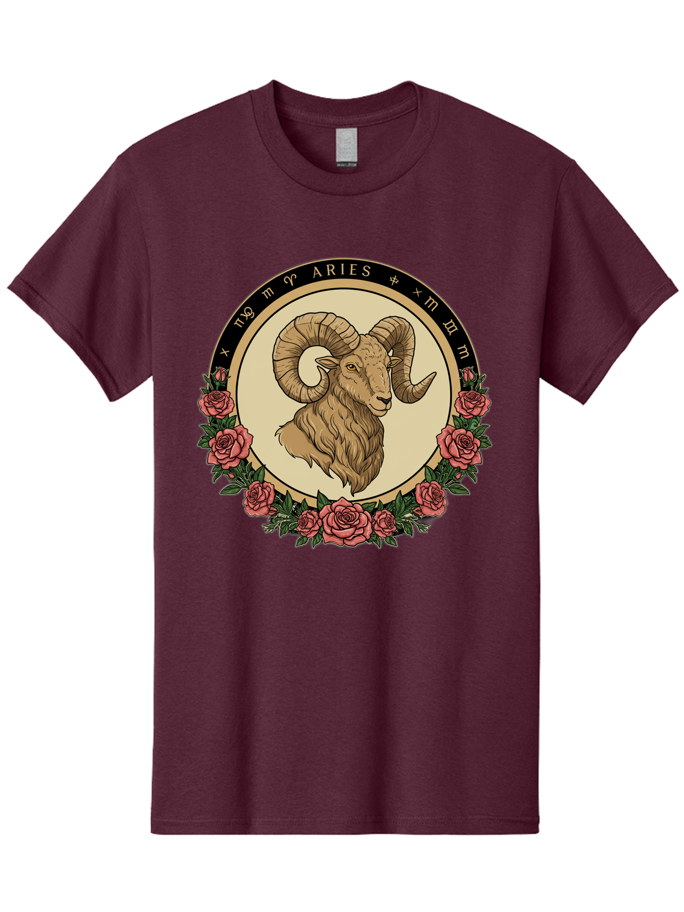 Aries Men'S Graphic Tee, 100% Cotton, Comfortable Casual Summer Wear, Machine Washable, Ram Illustration, Aries Zodiac Sign, Astrology Symbol, Roses, Floral Design, Horoscope, Mystical, Esoteric Art, Zodiac Wheel, Astrological Sign Bae121