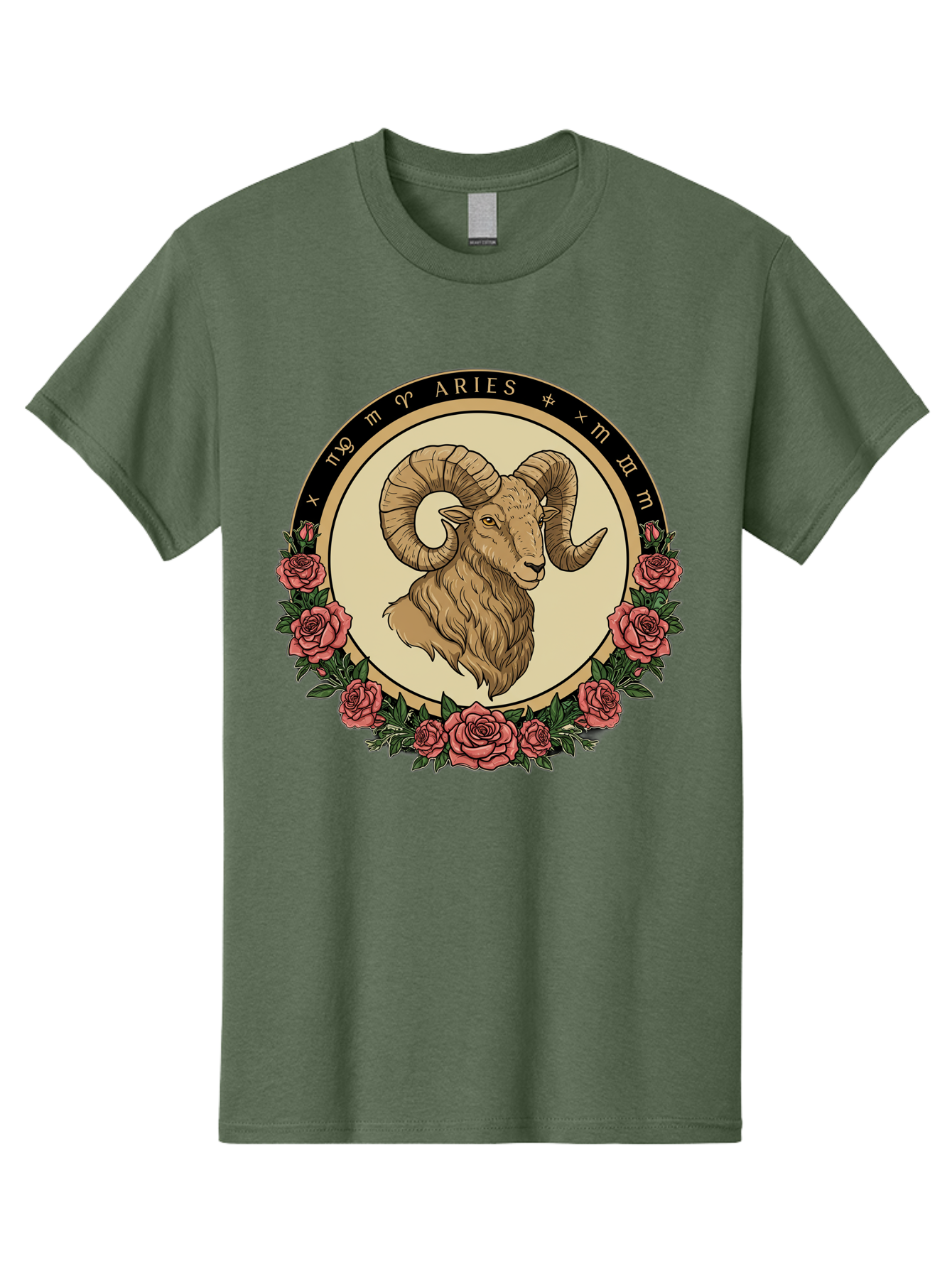 Aries Men'S Graphic Tee, 100% Cotton, Comfortable Casual Summer Wear, Machine Washable, Ram Illustration, Aries Zodiac Sign, Astrology Symbol, Roses, Floral Design, Horoscope, Mystical, Esoteric Art, Zodiac Wheel, Astrological Sign Bae121