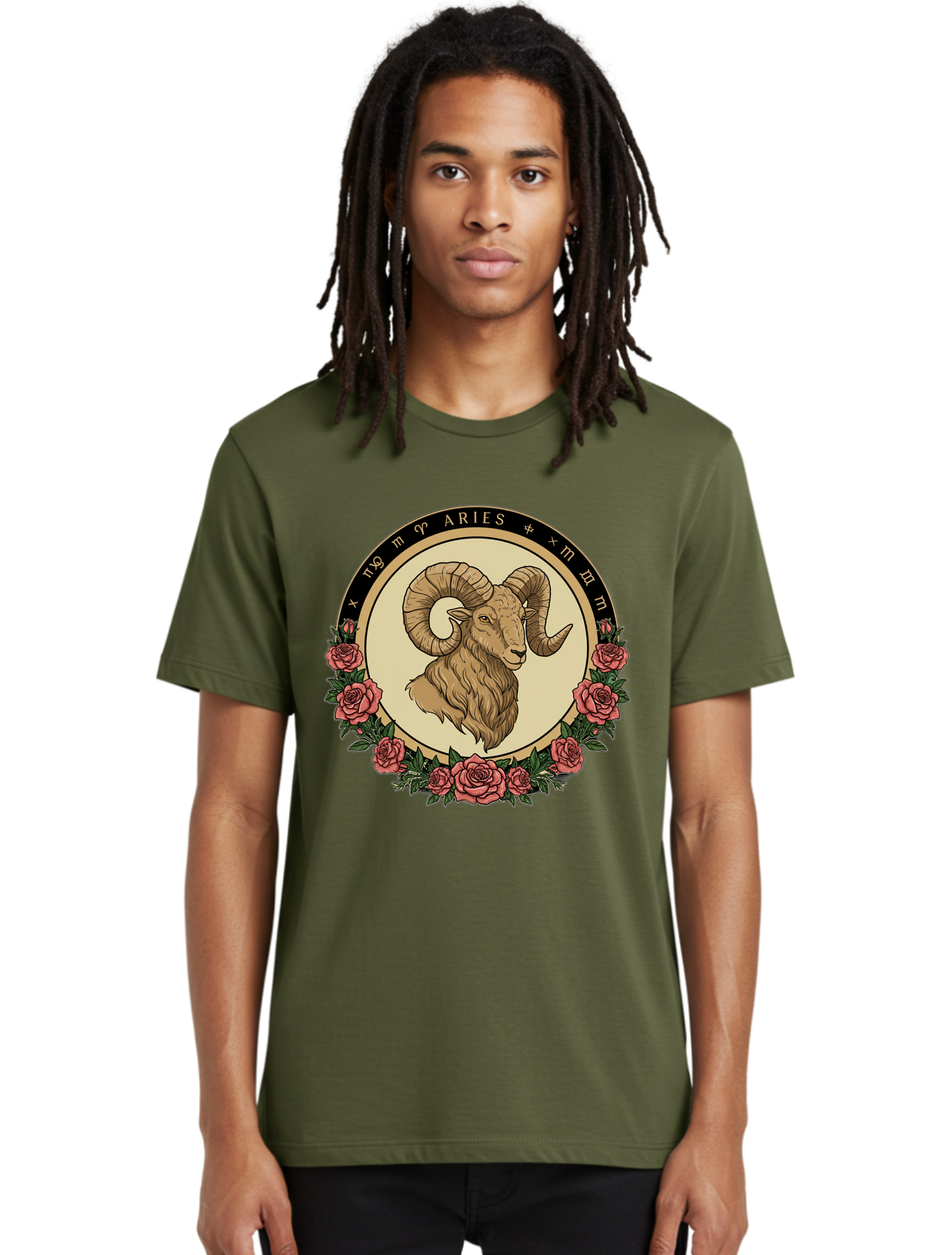 Aries Men'S Graphic Tee, 100% Cotton, Comfortable Casual Summer Wear, Machine Washable, Ram Illustration, Aries Zodiac Sign, Astrology Symbol, Roses, Floral Design, Horoscope, Mystical, Esoteric Art, Zodiac Wheel, Astrological Sign Bae121