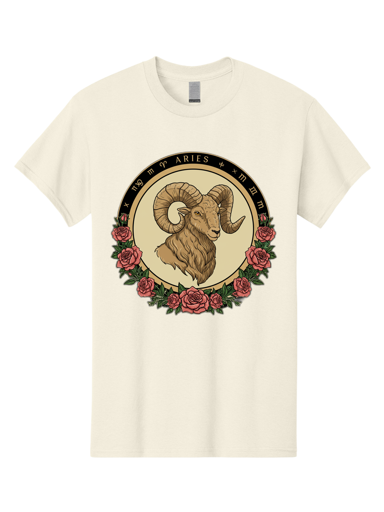 Aries Men'S Graphic Tee, 100% Cotton, Comfortable Casual Summer Wear, Machine Washable, Ram Illustration, Aries Zodiac Sign, Astrology Symbol, Roses, Floral Design, Horoscope, Mystical, Esoteric Art, Zodiac Wheel, Astrological Sign Bae121