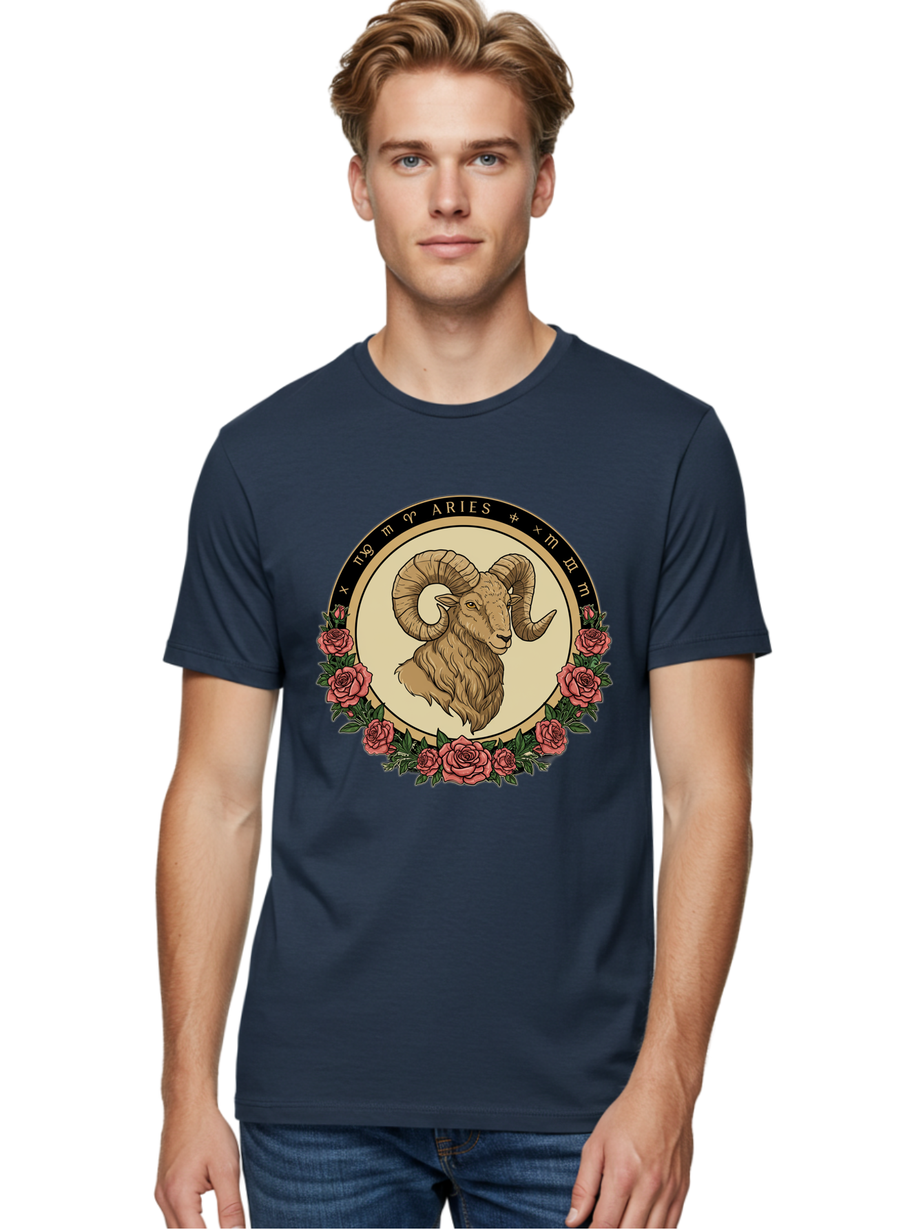 Aries Men'S Graphic Tee, 100% Cotton, Comfortable Casual Summer Wear, Machine Washable, Ram Illustration, Aries Zodiac Sign, Astrology Symbol, Roses, Floral Design, Horoscope, Mystical, Esoteric Art, Zodiac Wheel, Astrological Sign Bae121