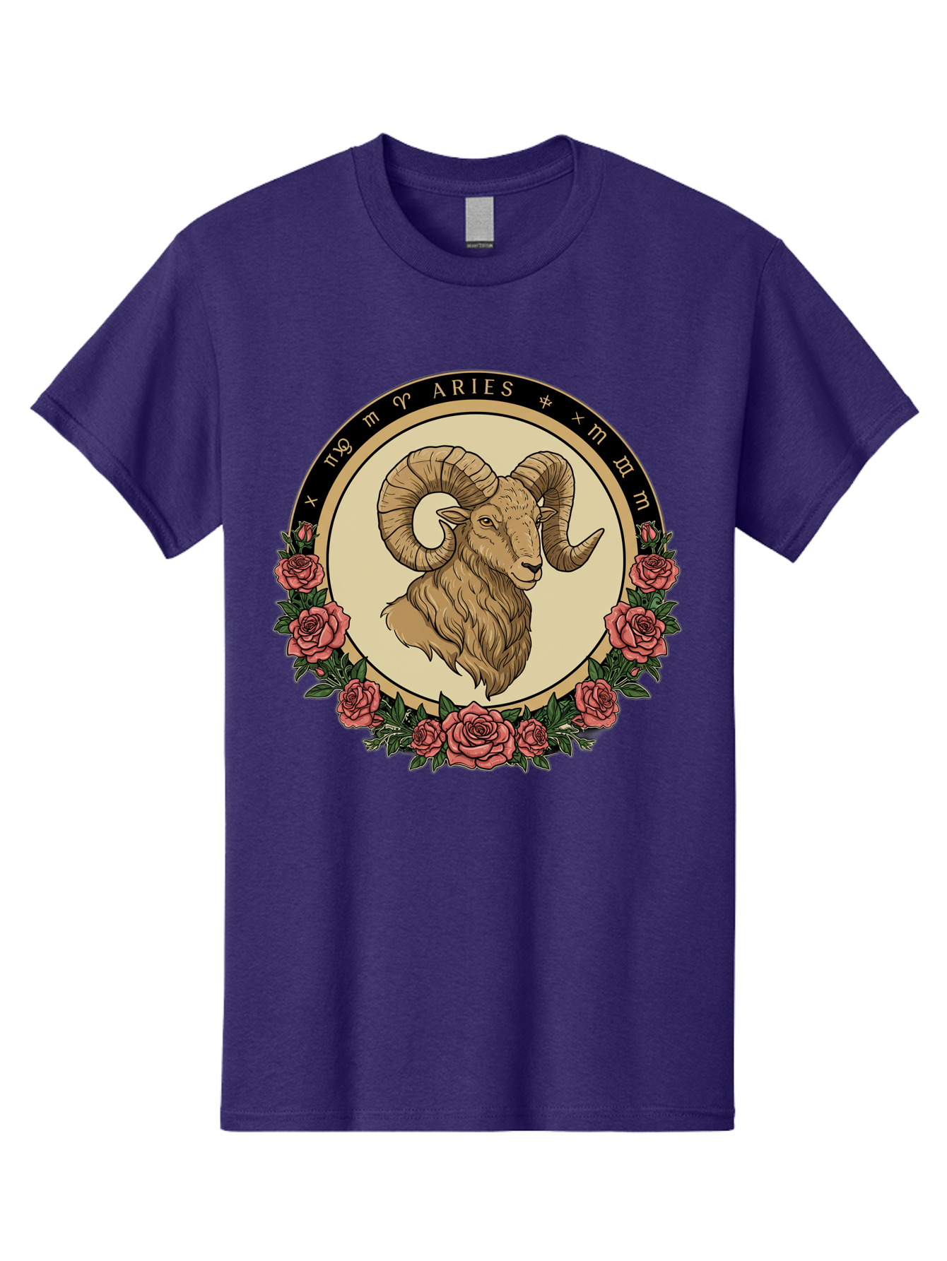Aries Men'S Graphic Tee, 100% Cotton, Comfortable Casual Summer Wear, Machine Washable, Ram Illustration, Aries Zodiac Sign, Astrology Symbol, Roses, Floral Design, Horoscope, Mystical, Esoteric Art, Zodiac Wheel, Astrological Sign Bae121