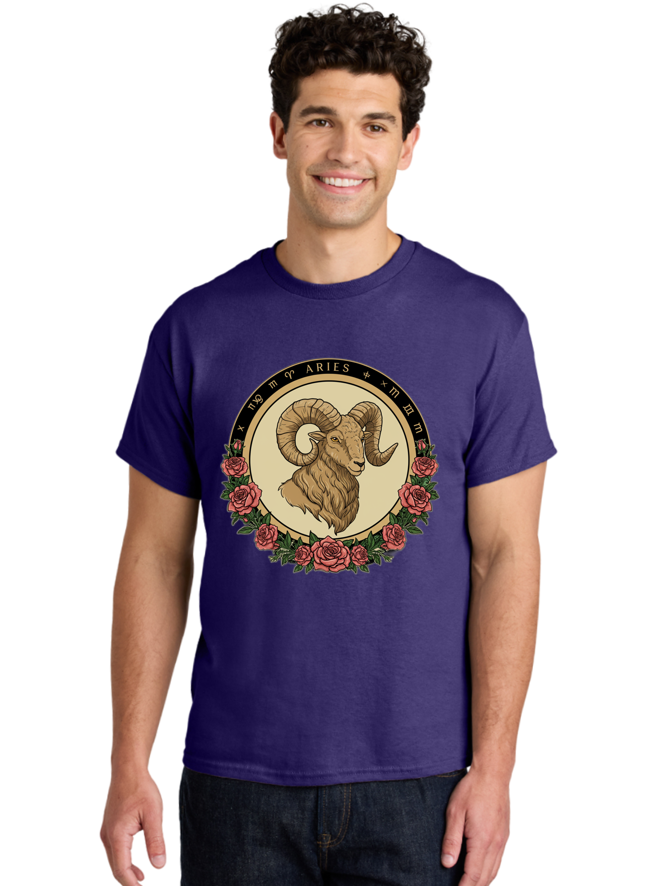 Aries Men'S Graphic Tee, 100% Cotton, Comfortable Casual Summer Wear, Machine Washable, Ram Illustration, Aries Zodiac Sign, Astrology Symbol, Roses, Floral Design, Horoscope, Mystical, Esoteric Art, Zodiac Wheel, Astrological Sign Bae121