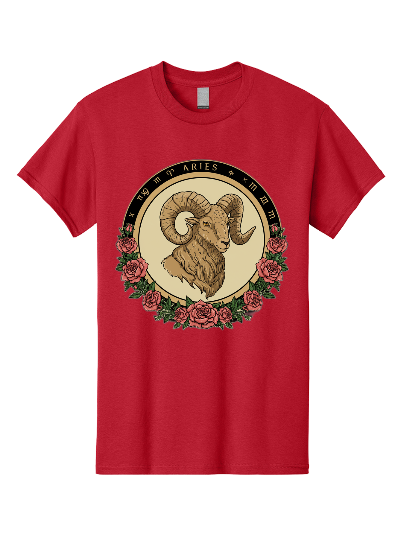 Aries Men'S Graphic Tee, 100% Cotton, Comfortable Casual Summer Wear, Machine Washable, Ram Illustration, Aries Zodiac Sign, Astrology Symbol, Roses, Floral Design, Horoscope, Mystical, Esoteric Art, Zodiac Wheel, Astrological Sign Bae121