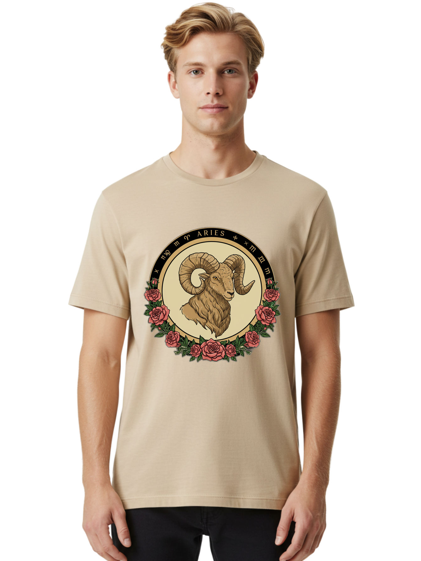 Aries Men'S Graphic Tee, 100% Cotton, Comfortable Casual Summer Wear, Machine Washable, Ram Illustration, Aries Zodiac Sign, Astrology Symbol, Roses, Floral Design, Horoscope, Mystical, Esoteric Art, Zodiac Wheel, Astrological Sign Bae121