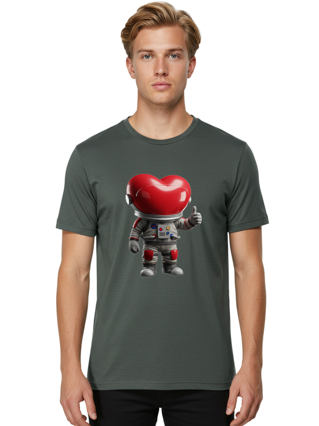 Astronaut-Heart Men'S Graphic Tee, 100% Cotton, Comfortable Casual Summer Wear, Machine Washable, Astronaut With Heart-Shaped Helmet, Thumbs Up Gesture, Space Suit, Futuristic Design, Red And Gray Colors, Love In Space, Positivity, Approval Bae122