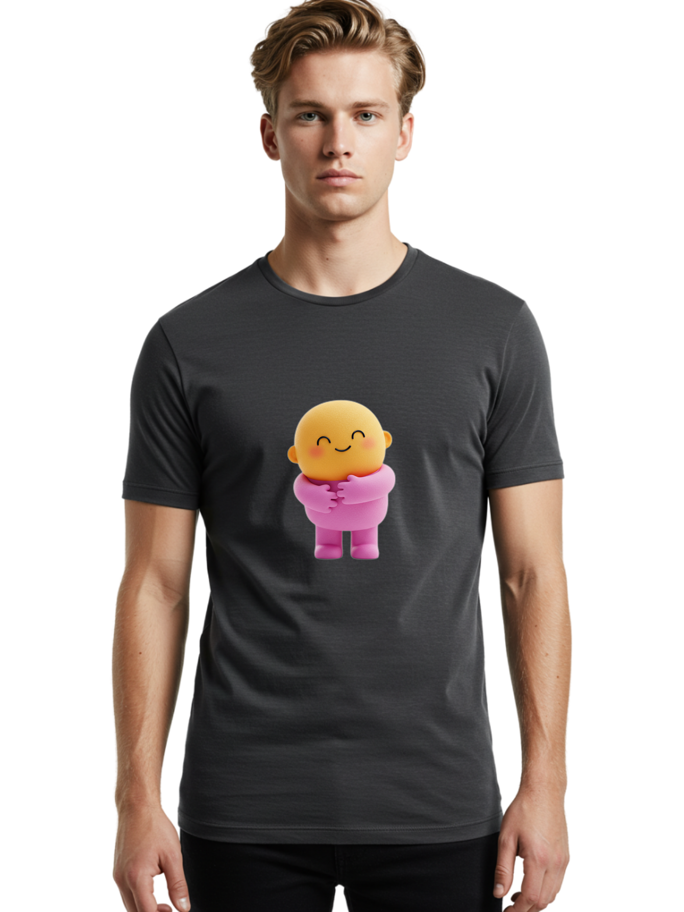 Baby-Figurine Men'S Graphic Tee, 100% Cotton, Comfortable Casual Summer Wear, Machine Washable, Cute Cartoon Character, Smiling Face, Pink Outfit, Hugging Self, Adorable Illustration, Kawaii Art, Lovable Persona, Childlike Charm Bae123