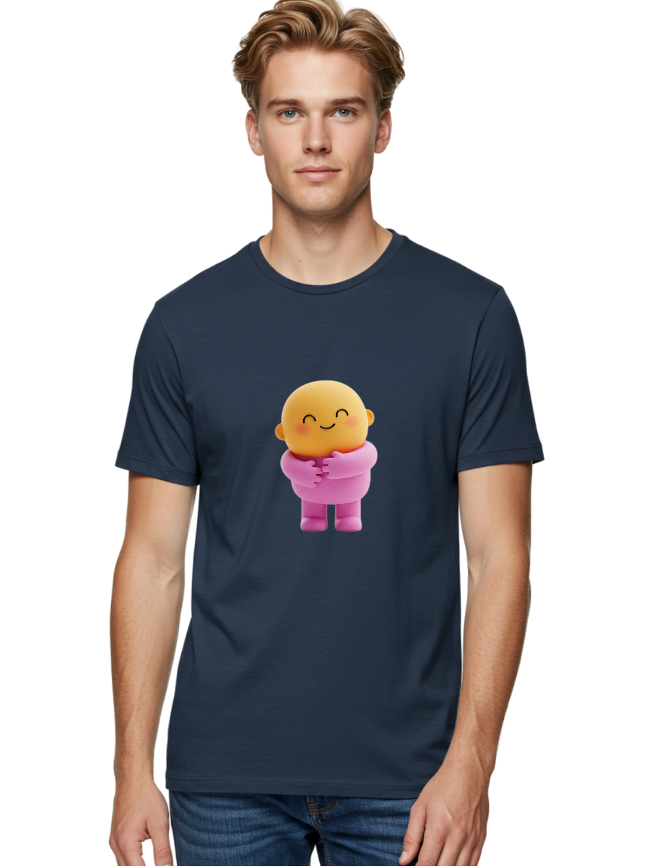 Baby-Figurine Men'S Graphic Tee, 100% Cotton, Comfortable Casual Summer Wear, Machine Washable, Cute Cartoon Character, Smiling Face, Pink Outfit, Hugging Self, Adorable Illustration, Kawaii Art, Lovable Persona, Childlike Charm Bae123