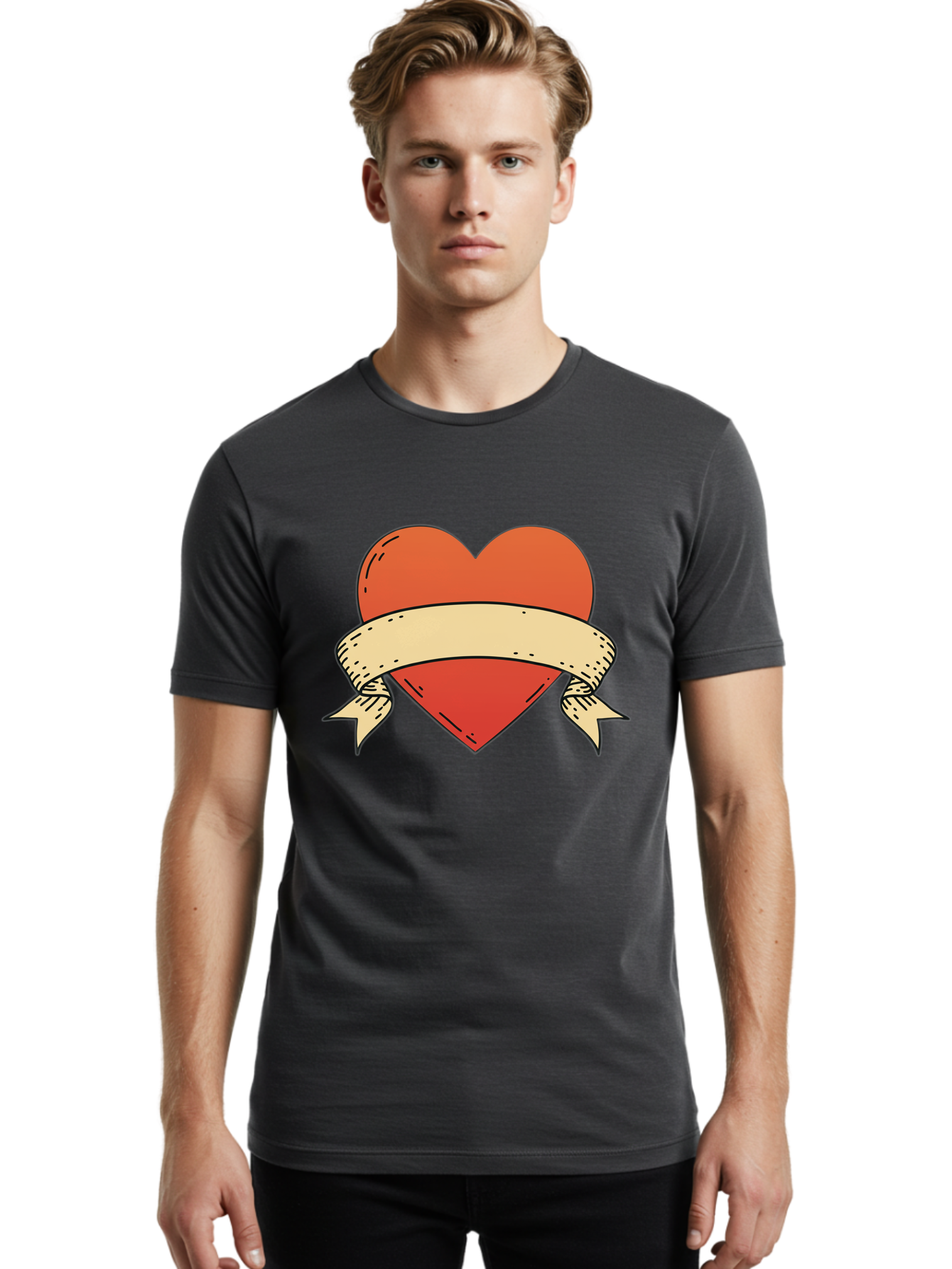 Banner-Heart Men'S Graphic Tee, 100% Cotton, Comfortable Casual Summer Wear, Machine Washable, Red Heart, Banner Wrapped, Tattoo Art, Cartoon Style, Heart Symbol, Ribbon Design, Classic Illustration, Love Emblem Bae124