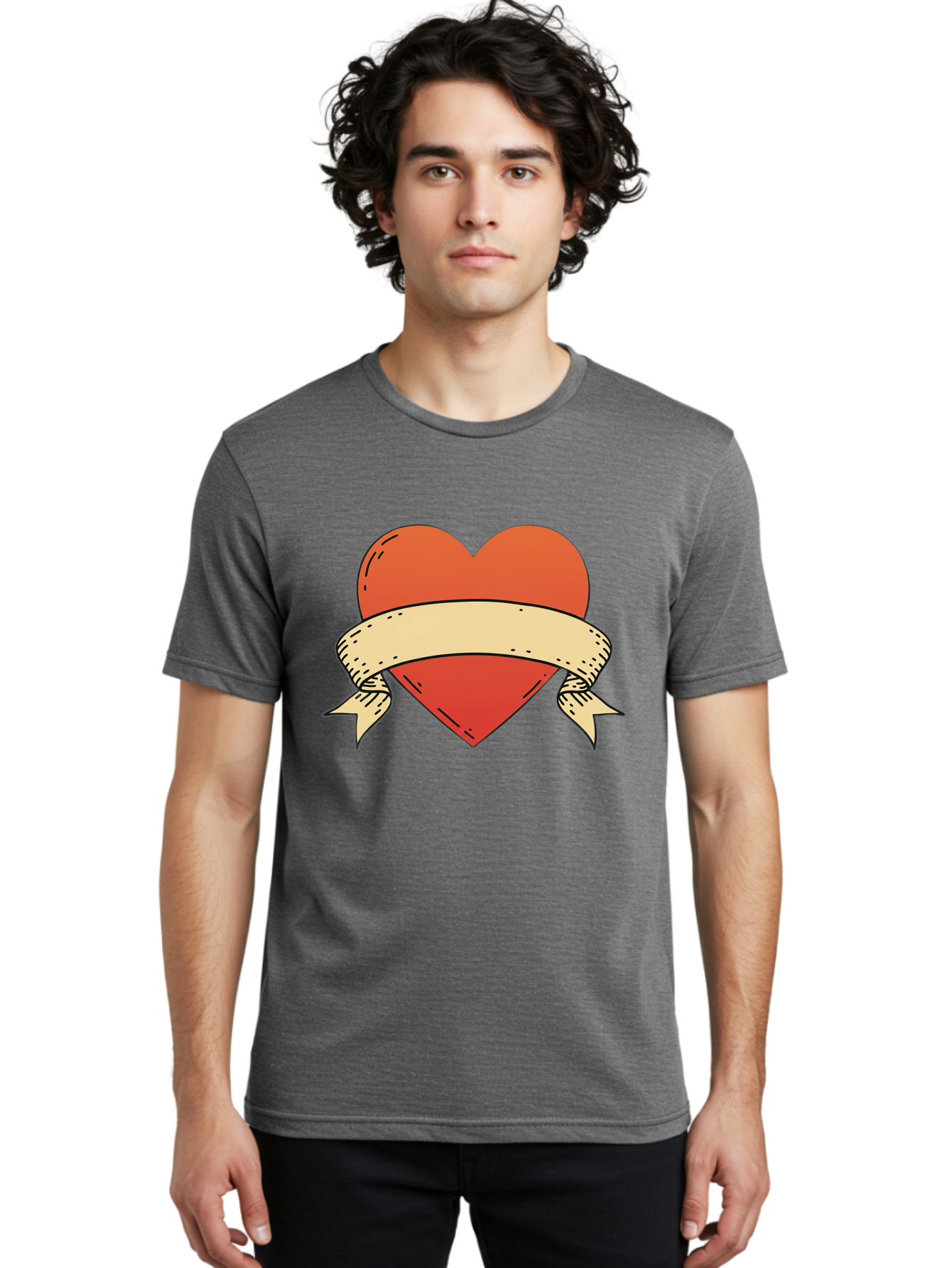 Banner-Heart Men'S Graphic Tee, 100% Cotton, Comfortable Casual Summer Wear, Machine Washable, Red Heart, Banner Wrapped, Tattoo Art, Cartoon Style, Heart Symbol, Ribbon Design, Classic Illustration, Love Emblem Bae124