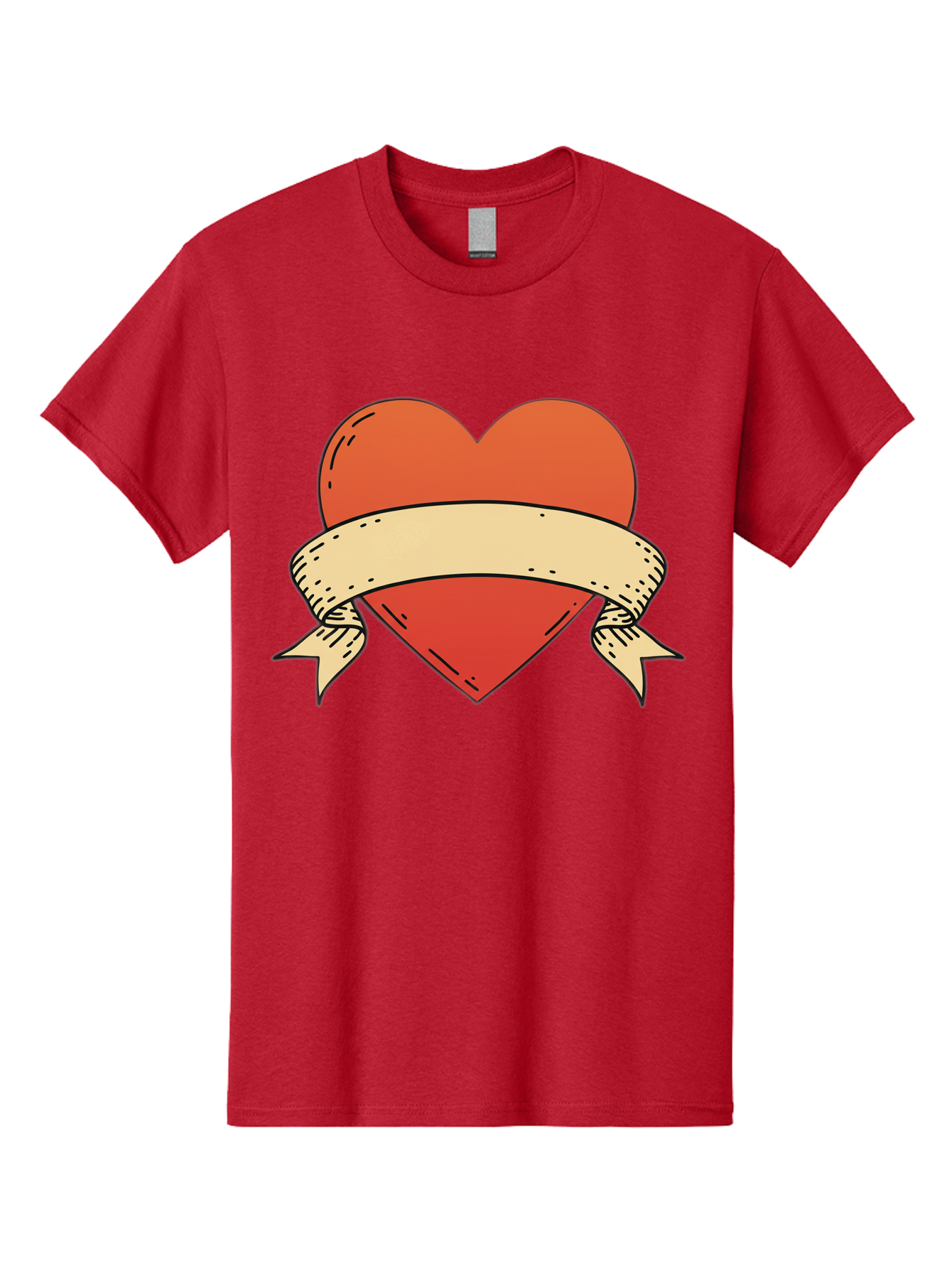 Banner-Heart Men'S Graphic Tee, 100% Cotton, Comfortable Casual Summer Wear, Machine Washable, Red Heart, Banner Wrapped, Tattoo Art, Cartoon Style, Heart Symbol, Ribbon Design, Classic Illustration, Love Emblem Bae124