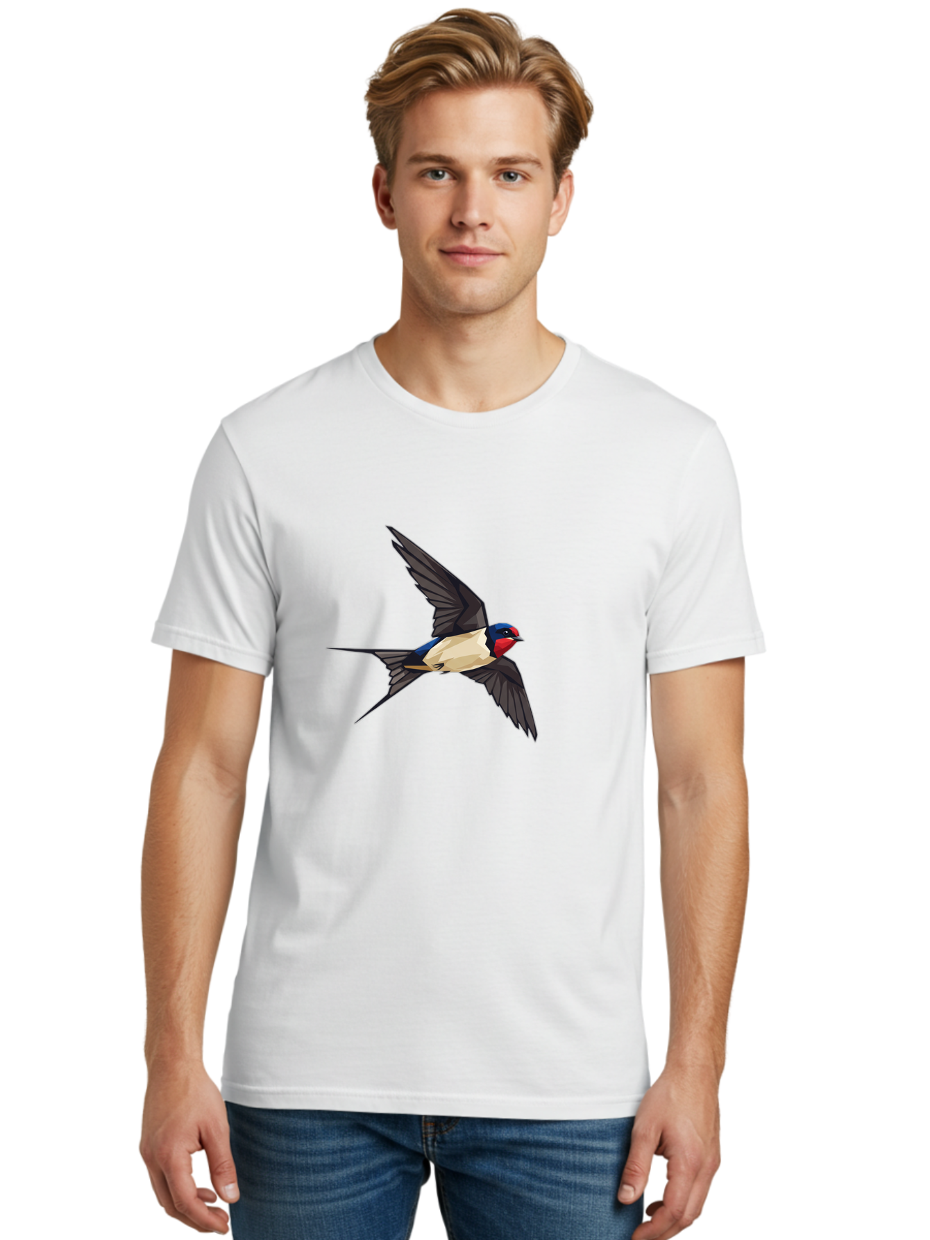 Barn-Swallow Men'S Graphic Tee, 100% Cotton, Comfortable Casual Summer Wear, Machine Washable, Swallow Bird In Flight, Bird Flying, Wings Spread, Colorful Plumage, Red Face, Blue Head, White Belly, Black Wings, Wildlife, Nature Graphics, Bae125