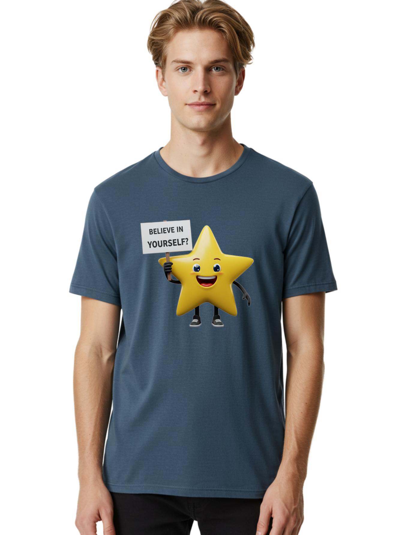 Believe-In-Yourself-1 Men'S Graphic Tee, 100% Cotton, Comfortable Casual Summer Wear, Machine Washable, Motivational Star, Believe In Yourself, Inspirational Quote, Positive Message, Cartoon Character, Happy Emotions, Confidence Booster, Bae126