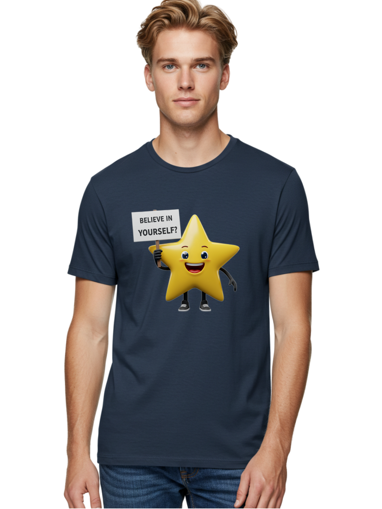 Believe-In-Yourself-1 Men'S Graphic Tee, 100% Cotton, Comfortable Casual Summer Wear, Machine Washable, Motivational Star, Believe In Yourself, Inspirational Quote, Positive Message, Cartoon Character, Happy Emotions, Confidence Booster, Bae126