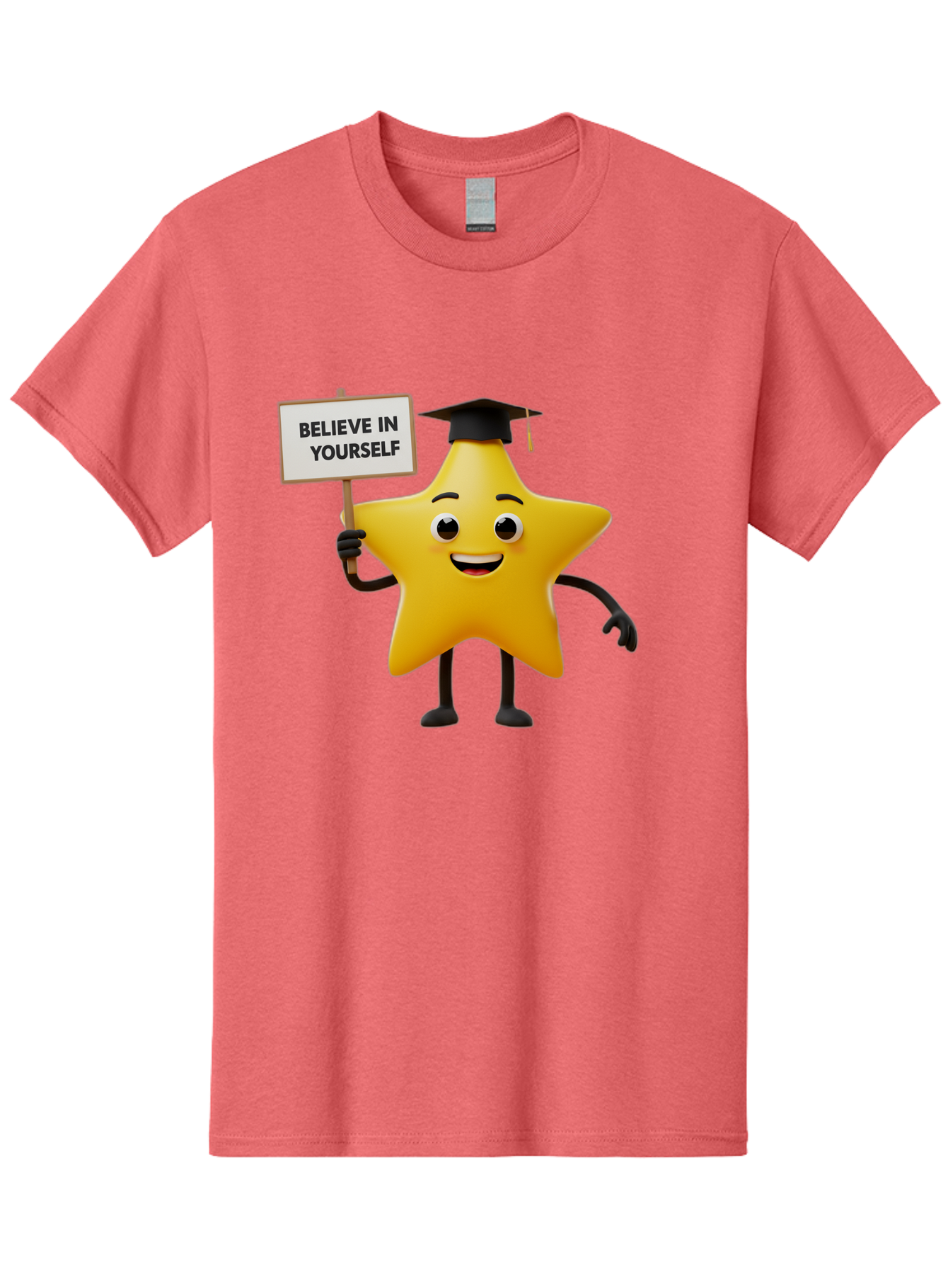 Believe-In-Yourself-10 Men'S Graphic Tee, 100% Cotton, Comfortable Casual Summer Wear, Machine Washable, Motivational Star, Inspirational Quote, Graduation Cap, Self-Confidence, Positivity, Encouragement, Yellow Star Character, Bae127