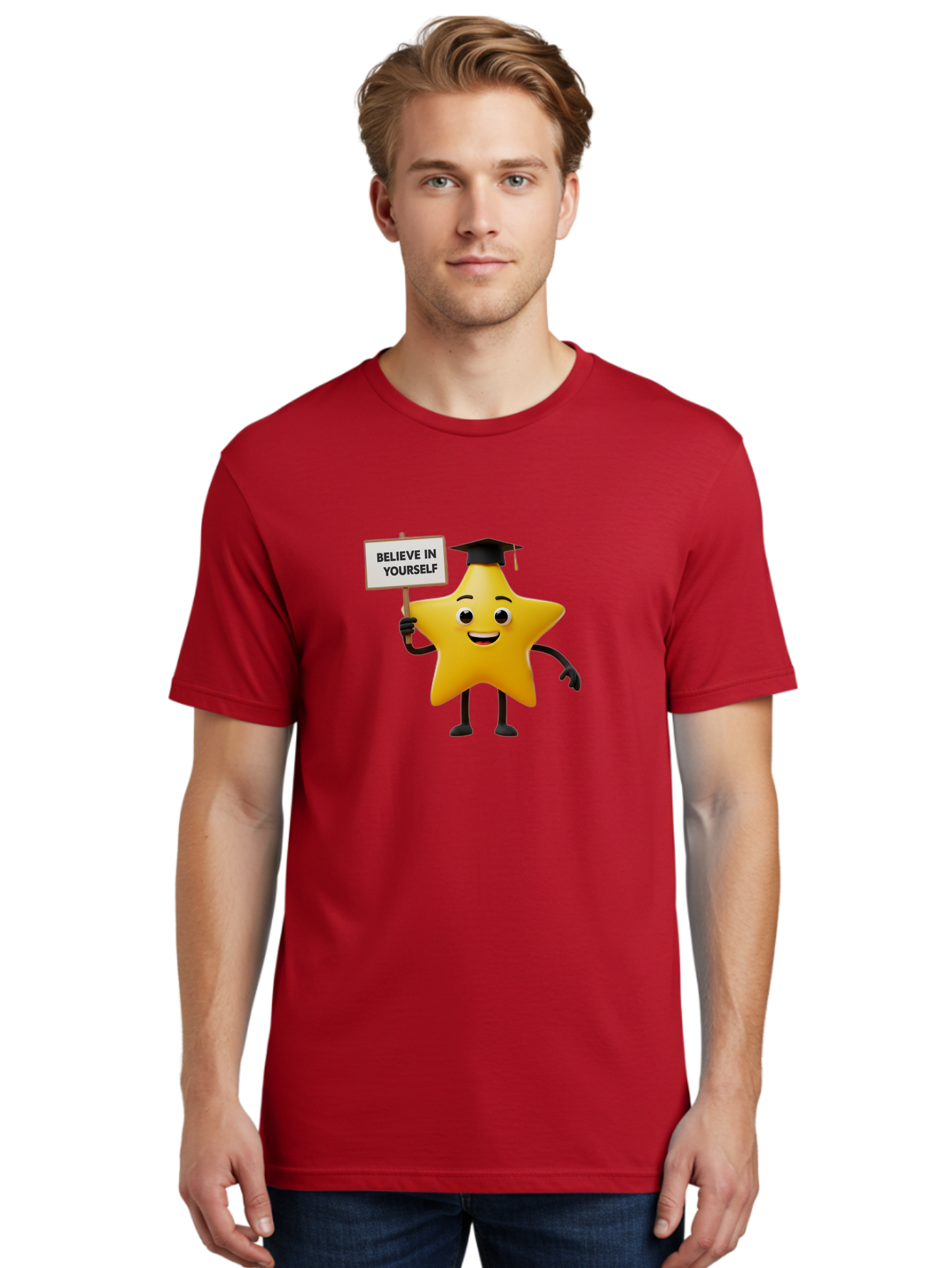 Believe-In-Yourself-10 Men'S Graphic Tee, 100% Cotton, Comfortable Casual Summer Wear, Machine Washable, Motivational Star, Inspirational Quote, Graduation Cap, Self-Confidence, Positivity, Encouragement, Yellow Star Character, Bae127