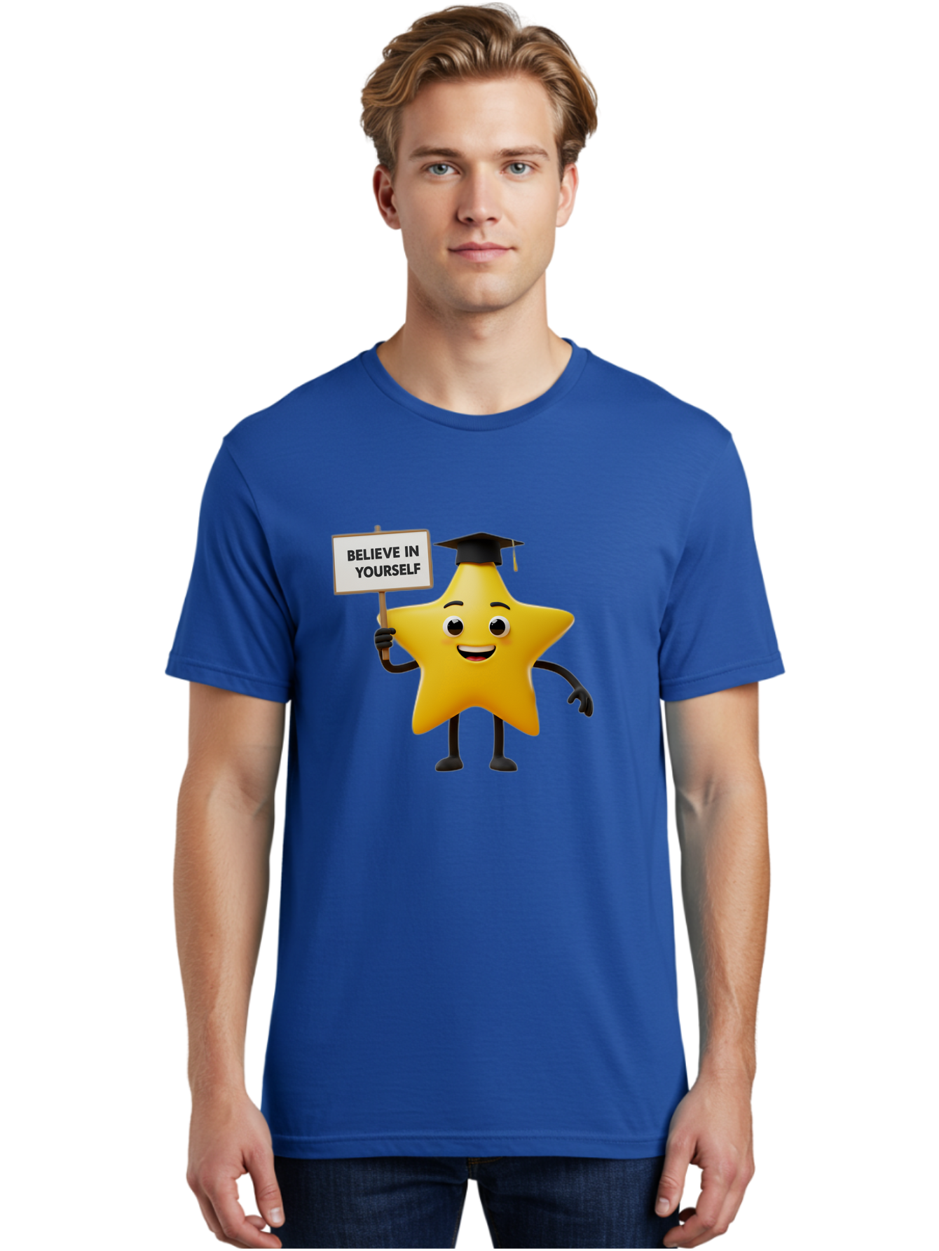 Believe-In-Yourself-10 Men'S Graphic Tee, 100% Cotton, Comfortable Casual Summer Wear, Machine Washable, Motivational Star, Inspirational Quote, Graduation Cap, Self-Confidence, Positivity, Encouragement, Yellow Star Character, Bae127