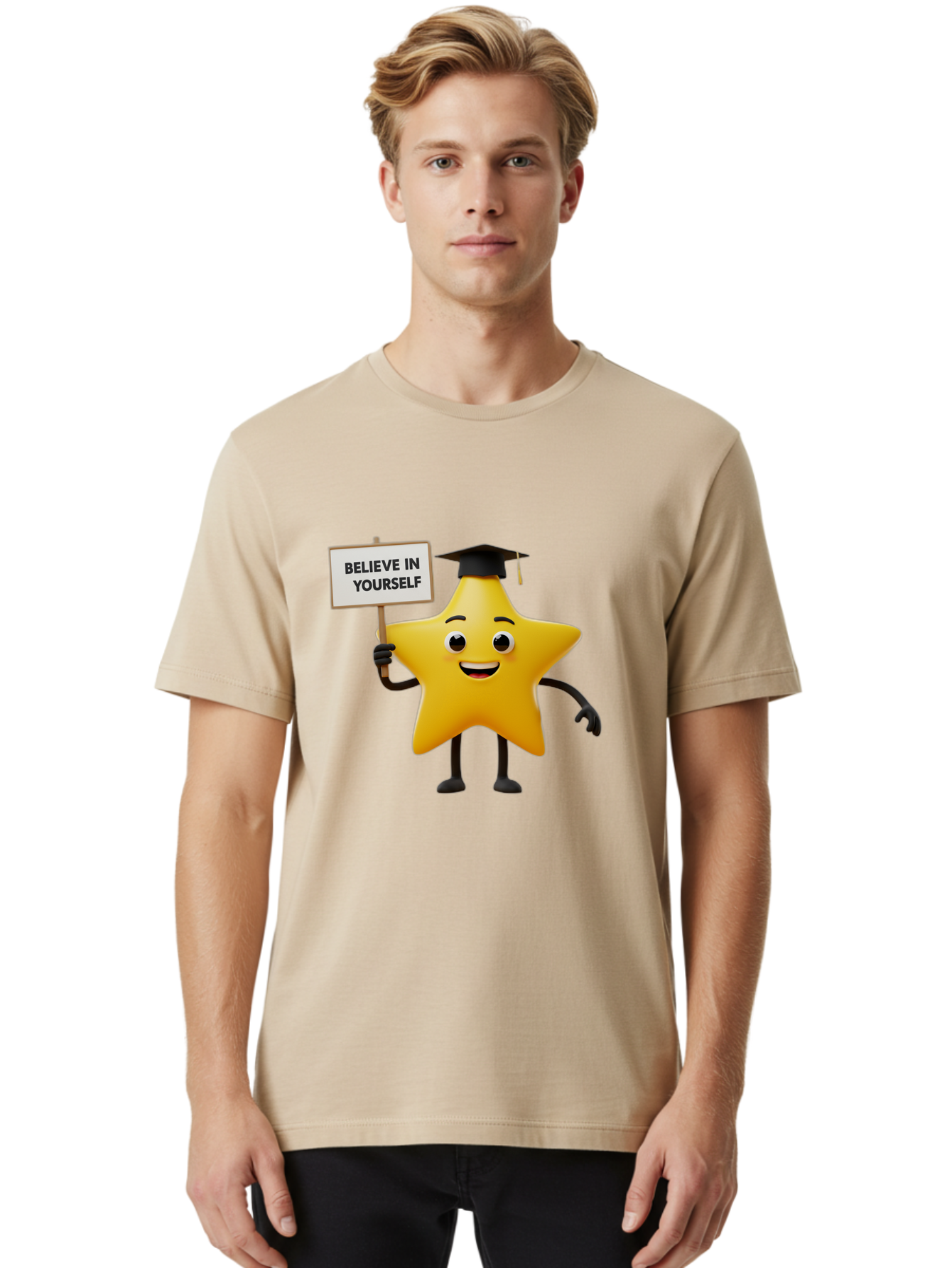 Believe-In-Yourself-10 Men'S Graphic Tee, 100% Cotton, Comfortable Casual Summer Wear, Machine Washable, Motivational Star, Inspirational Quote, Graduation Cap, Self-Confidence, Positivity, Encouragement, Yellow Star Character, Bae127