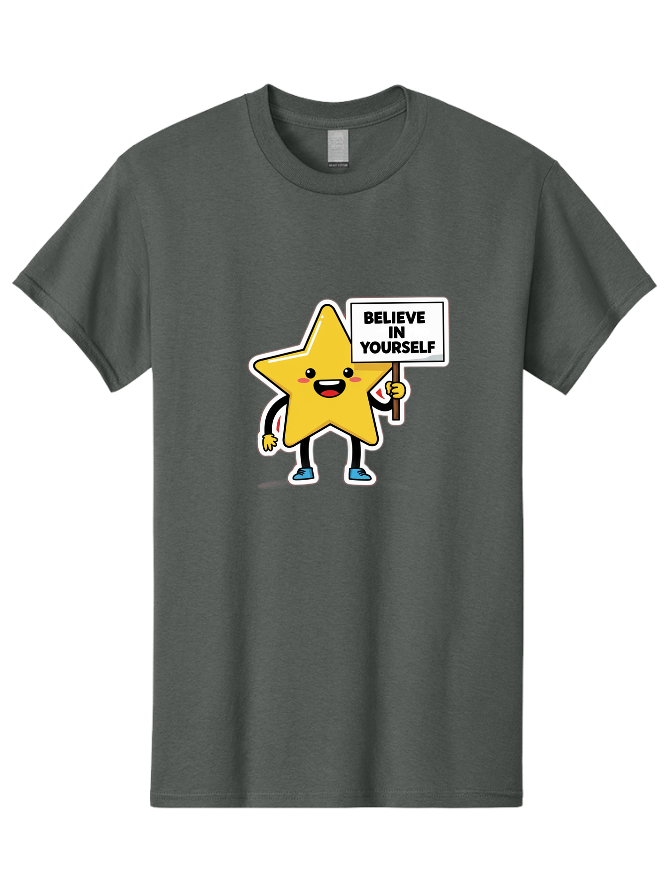 Believe-In-Yourself-2 Men'S Graphic Tee, 100% Cotton, Comfortable Casual Summer Wear, Machine Washable, Motivational Star, Positive Affirmation, Inspiring Cartoon Character, Confidence Booster, Self-Empowerment Message, Yellow Star Character, Bae128