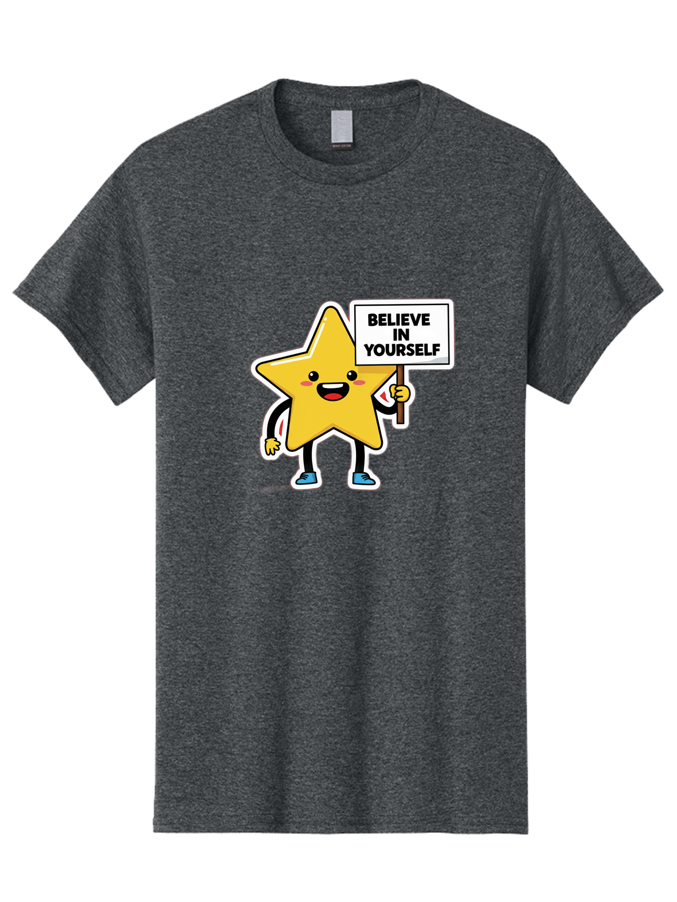 Believe-In-Yourself-2 Men'S Graphic Tee, 100% Cotton, Comfortable Casual Summer Wear, Machine Washable, Motivational Star, Positive Affirmation, Inspiring Cartoon Character, Confidence Booster, Self-Empowerment Message, Yellow Star Character, Bae128
