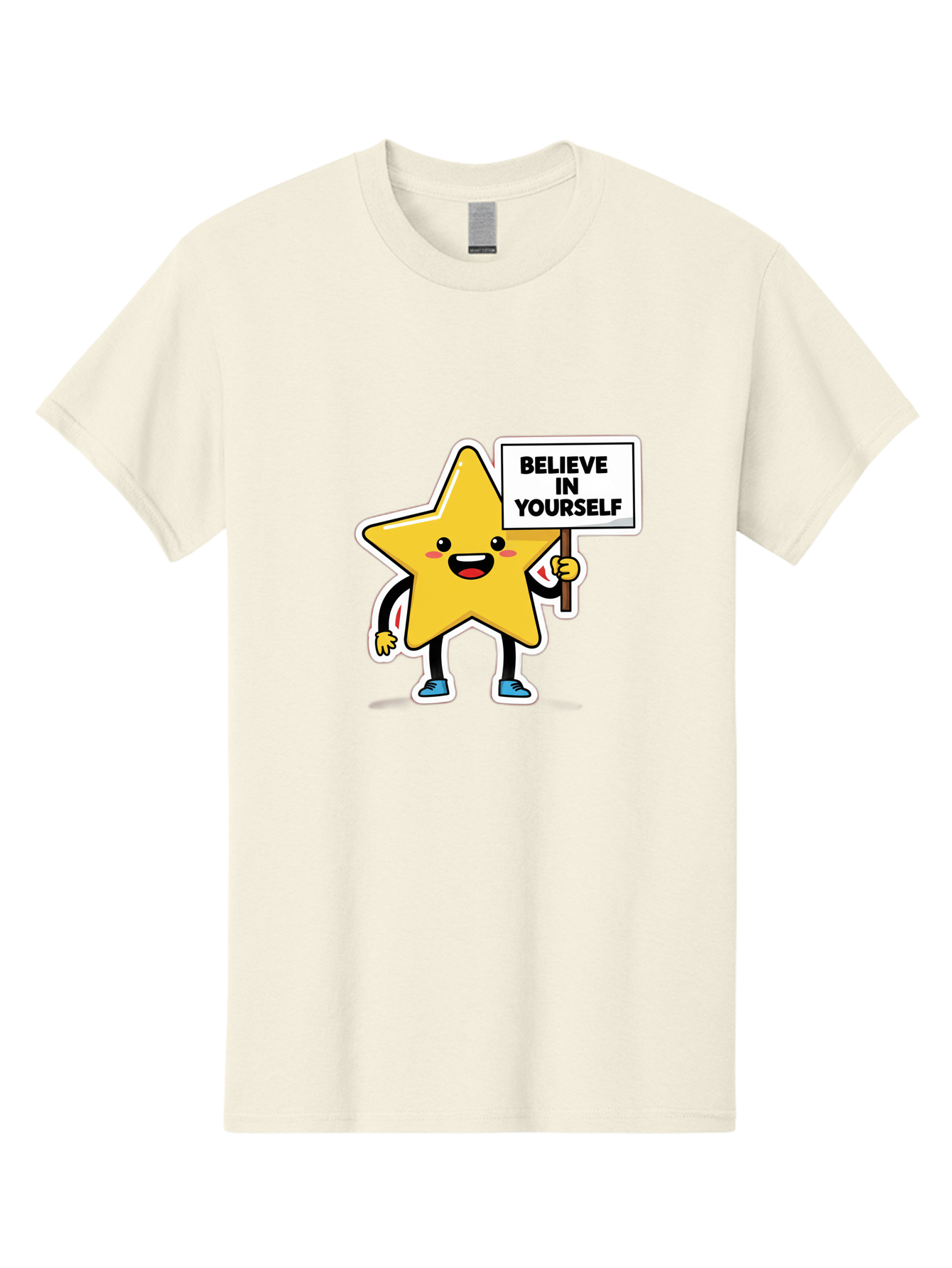 Believe-In-Yourself-2 Men'S Graphic Tee, 100% Cotton, Comfortable Casual Summer Wear, Machine Washable, Motivational Star, Positive Affirmation, Inspiring Cartoon Character, Confidence Booster, Self-Empowerment Message, Yellow Star Character, Bae128
