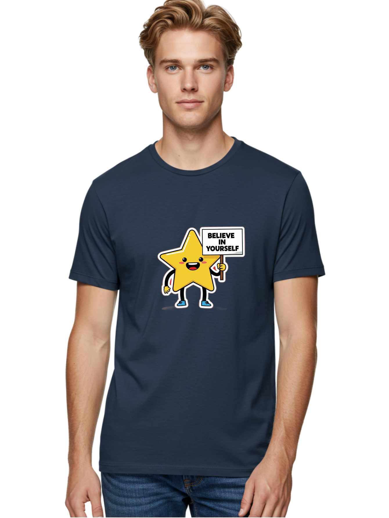Believe-In-Yourself-2 Men'S Graphic Tee, 100% Cotton, Comfortable Casual Summer Wear, Machine Washable, Motivational Star, Positive Affirmation, Inspiring Cartoon Character, Confidence Booster, Self-Empowerment Message, Yellow Star Character, Bae128