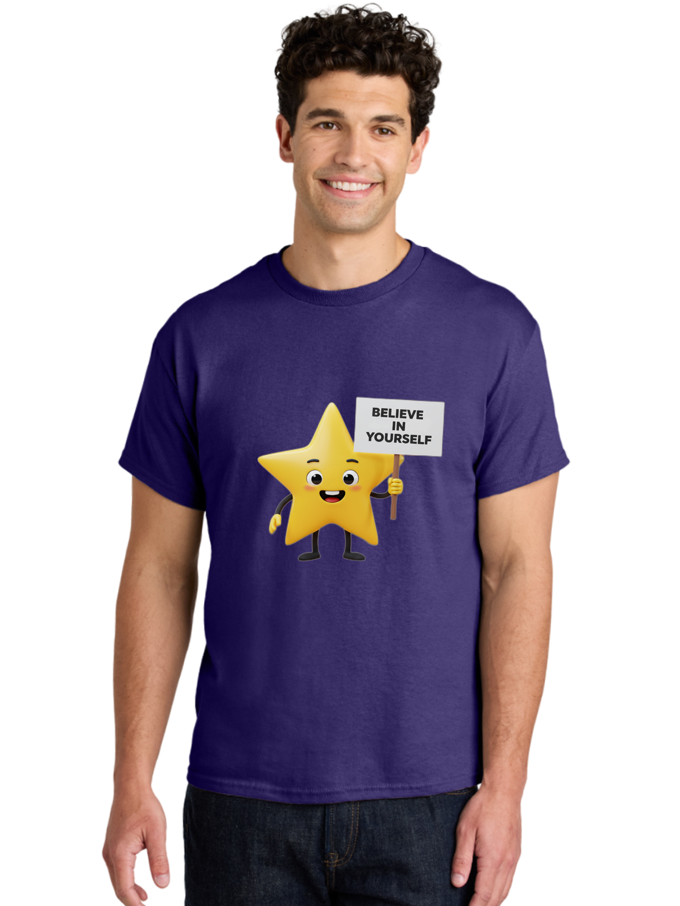Believe-In-Yourself-3 Men'S Graphic Tee, 100% Cotton, Comfortable Casual Summer Wear, Machine Washable, Motivational Star Character, Believe In Yourself Sign, Positivity, Encouragement, Confidence Booster, Inspirational Quote, Bae129
