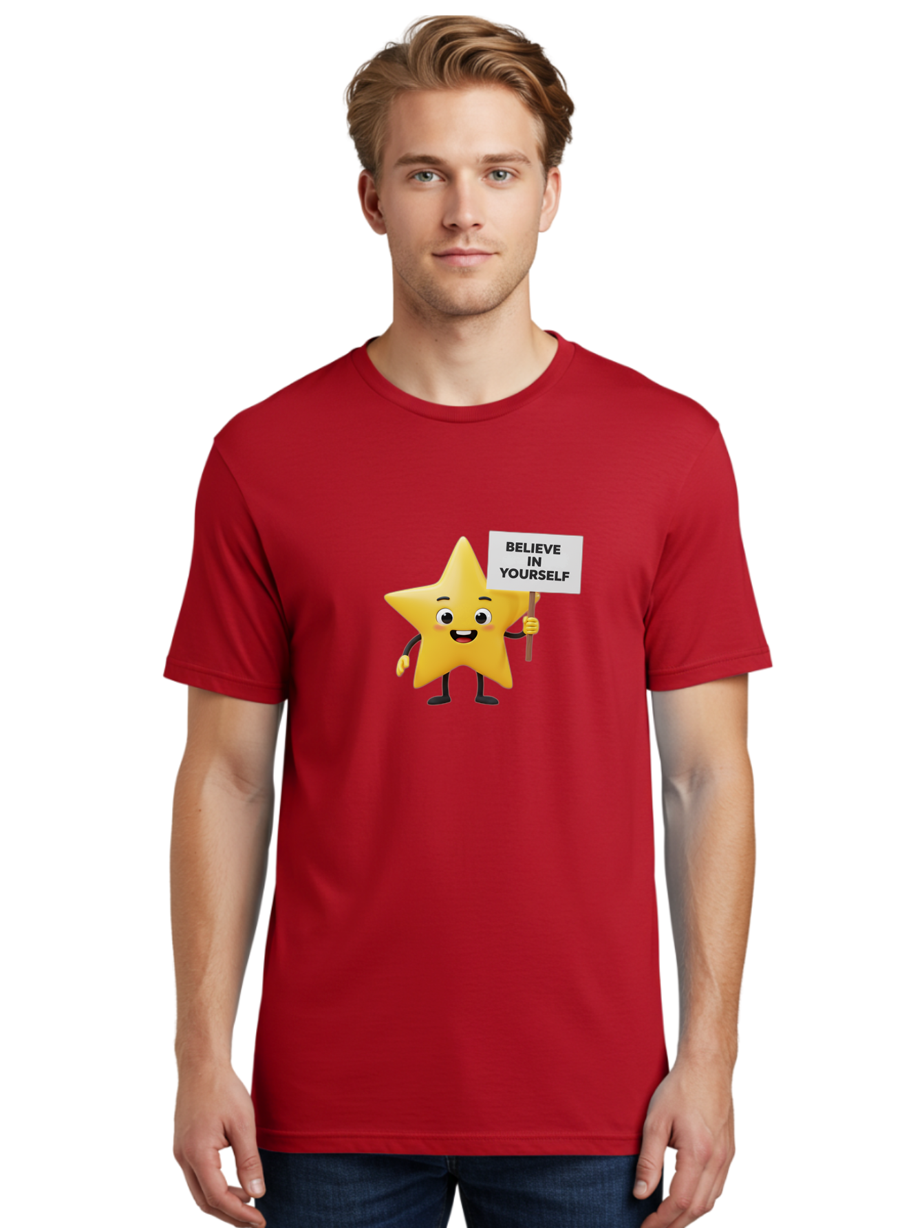 Believe-In-Yourself-3 Men'S Graphic Tee, 100% Cotton, Comfortable Casual Summer Wear, Machine Washable, Motivational Star Character, Believe In Yourself Sign, Positivity, Encouragement, Confidence Booster, Inspirational Quote, Bae129