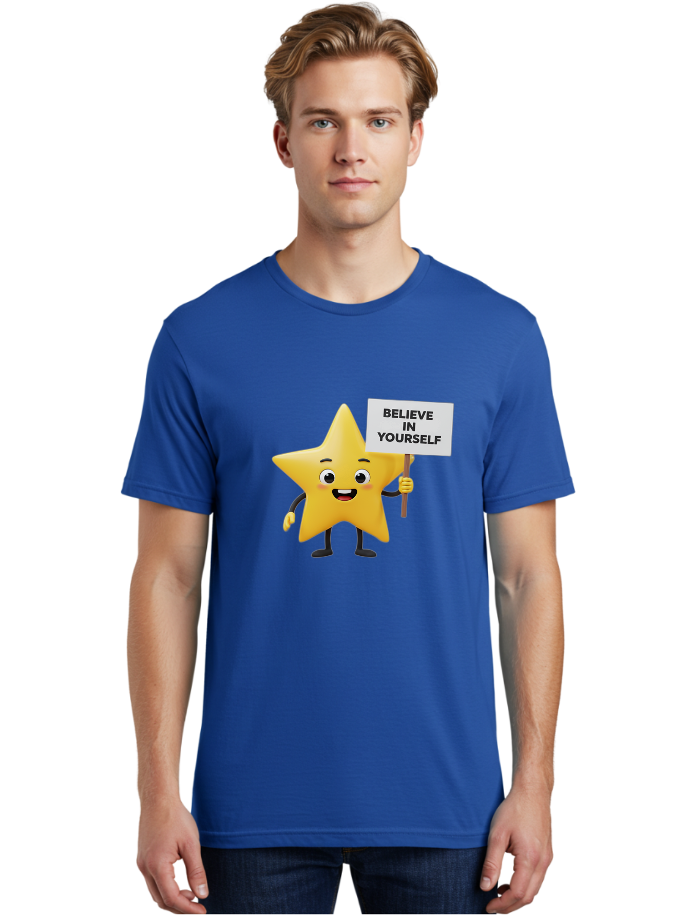 Believe-In-Yourself-3 Men'S Graphic Tee, 100% Cotton, Comfortable Casual Summer Wear, Machine Washable, Motivational Star Character, Believe In Yourself Sign, Positivity, Encouragement, Confidence Booster, Inspirational Quote, Bae129