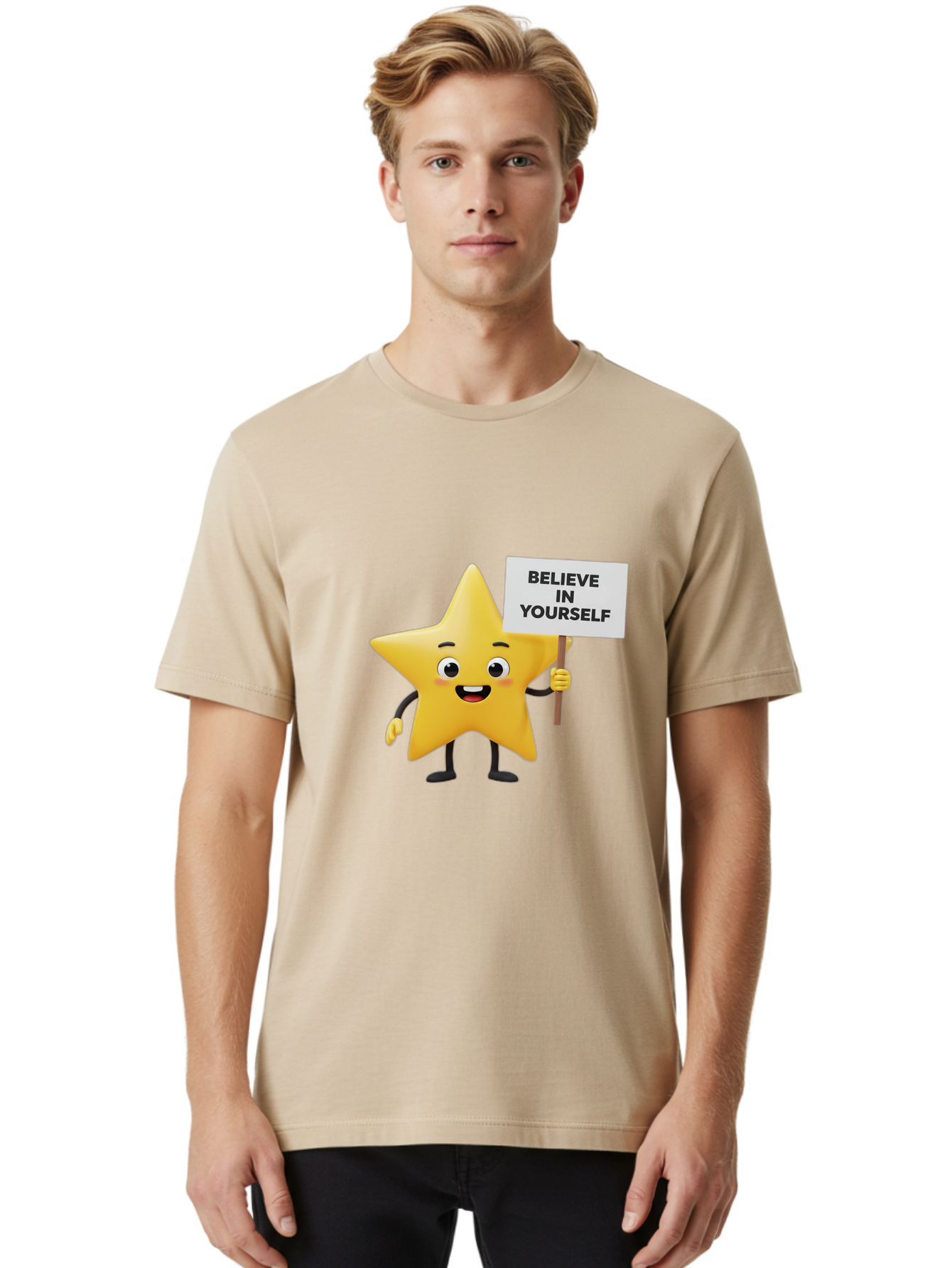 Believe-In-Yourself-3 Men'S Graphic Tee, 100% Cotton, Comfortable Casual Summer Wear, Machine Washable, Motivational Star Character, Believe In Yourself Sign, Positivity, Encouragement, Confidence Booster, Inspirational Quote, Bae129